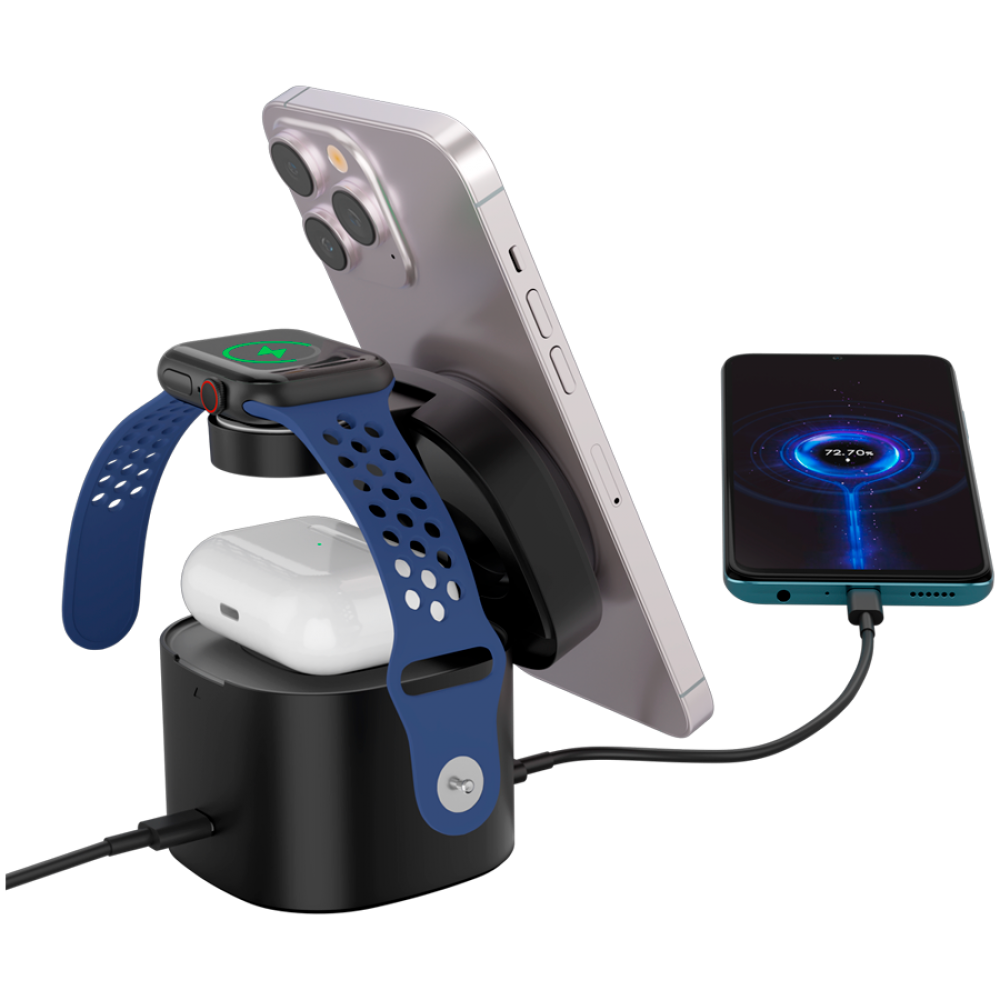 Czarna podstawka ładująca trzyma srebrny telefon, niebieski zegarek i białe słuchawki.