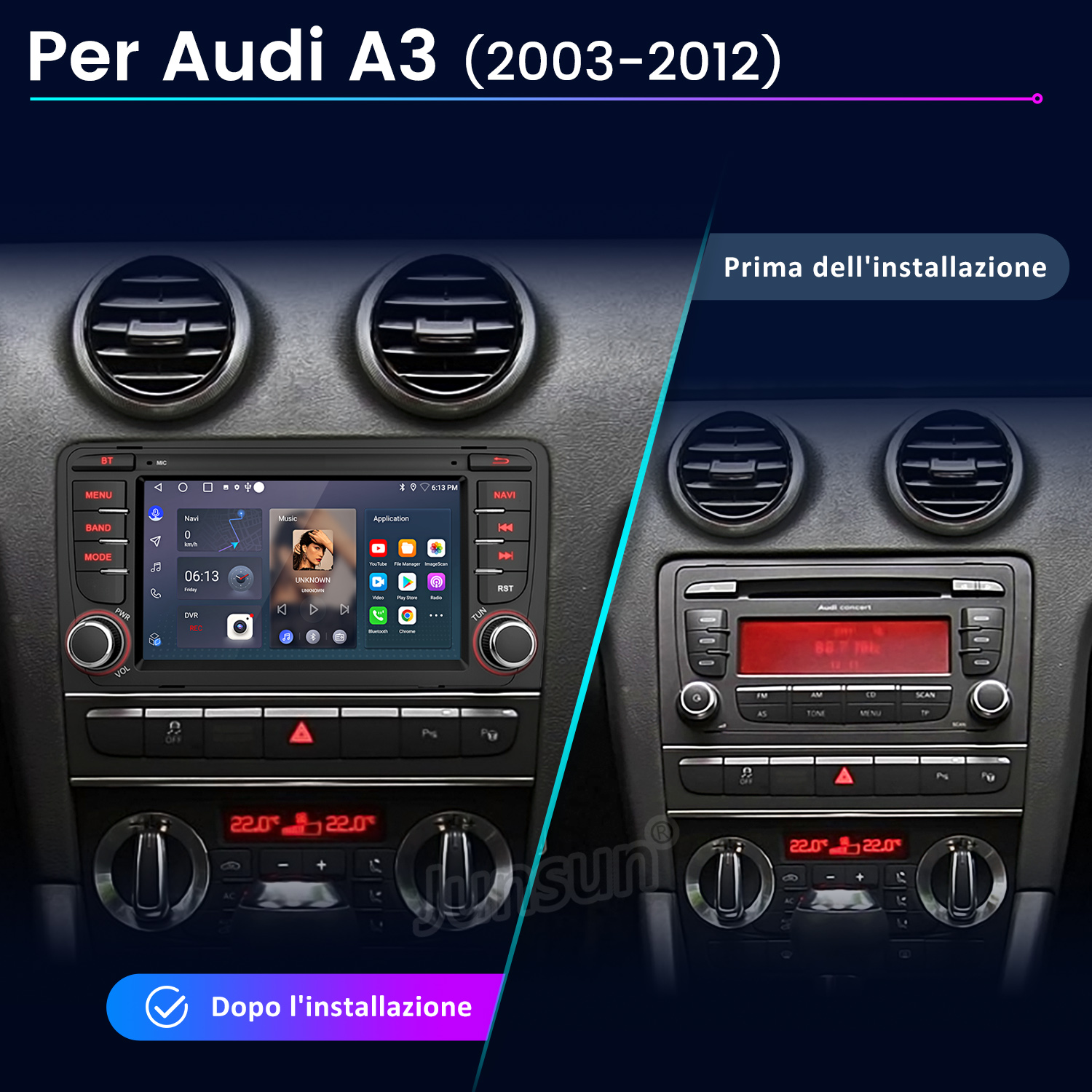 Confronto tra due autoradio Audi A3: Prima con radio standard, dopo con touchscreen.