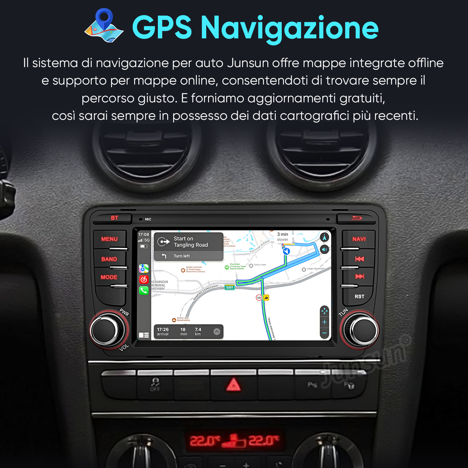 Il sistema di navigazione GPS di un'auto mostra una mappa con un percorso.