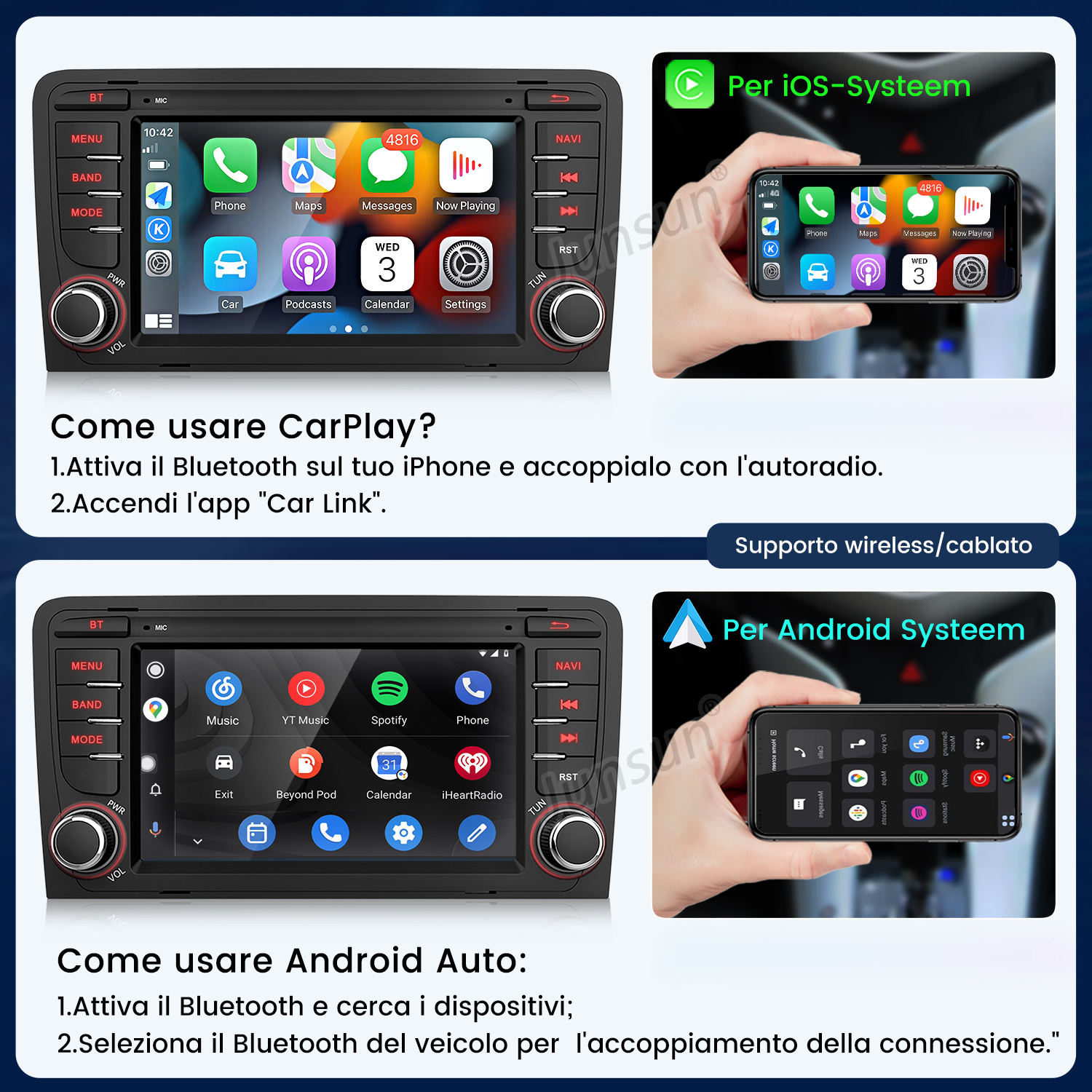 Autoradio con touchscreen che mostra menu CarPlay e Android Auto. Telefoni cellulari accanto.