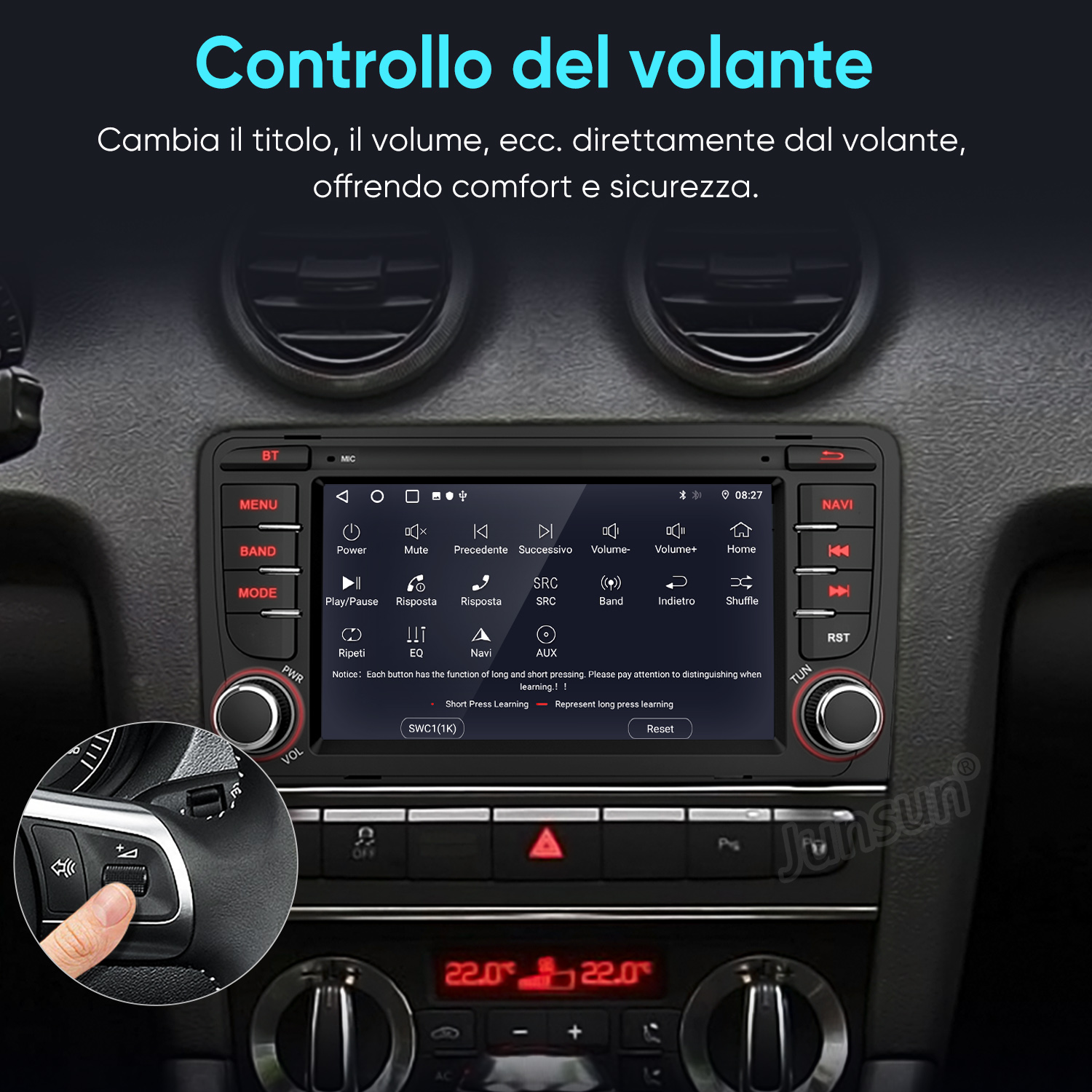 Un dito aziona pulsanti sul volante di un'auto con radio touchscreen.