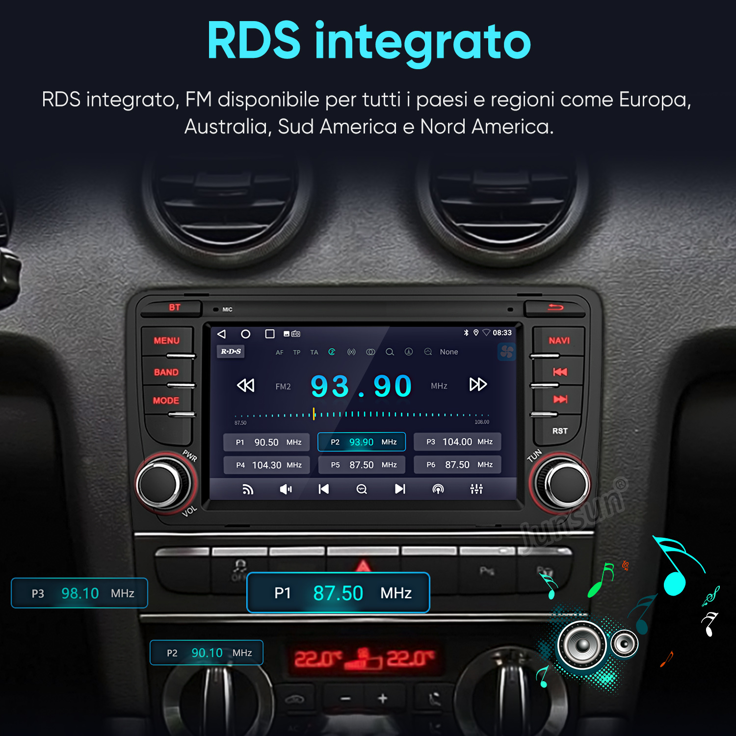 Display autoradio mostra FM2 93.90 MHz, stazioni P1-P6, ora 08:33.