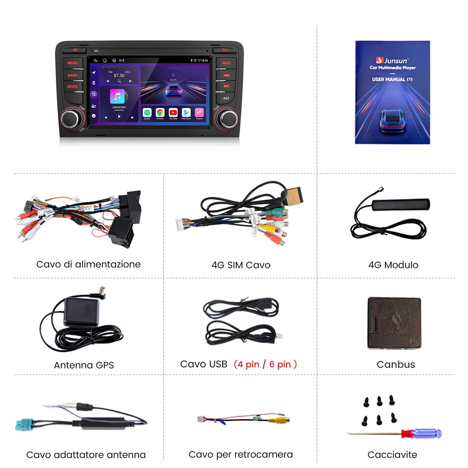 Lettore multimediale per auto con accessori: cavi, antenne, modulo, canbus, cacciavite.