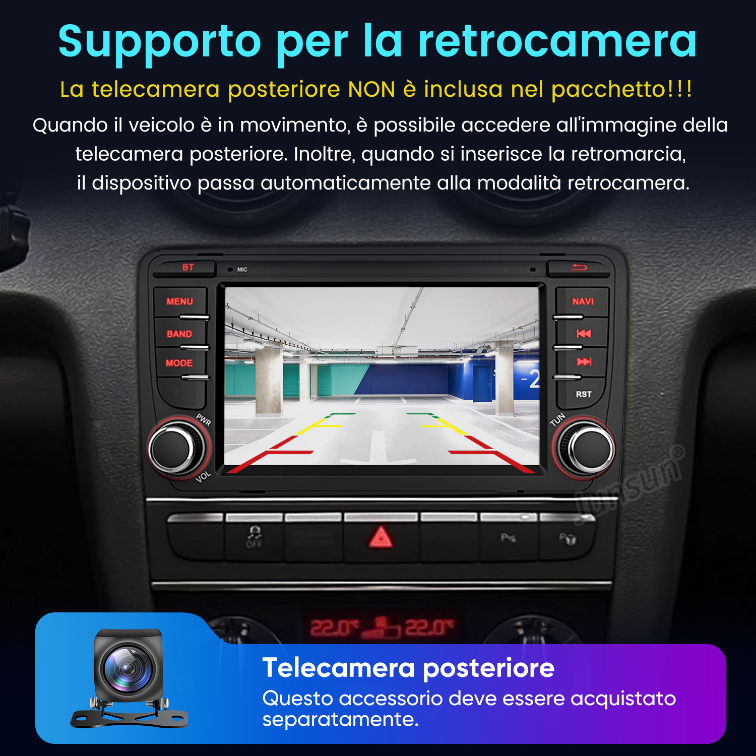 Interno auto con schermo infotainment che mostra vista parcheggio con linee guida.