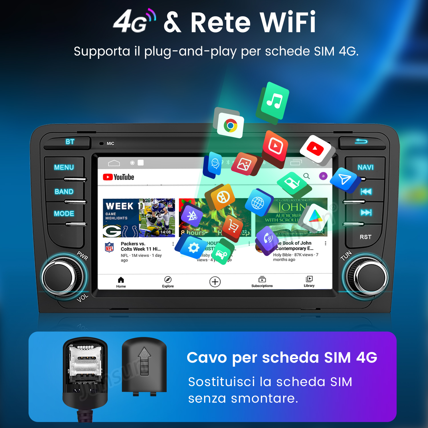 Autoradio con app come YouTube. Abilitato 4G e WiFi.