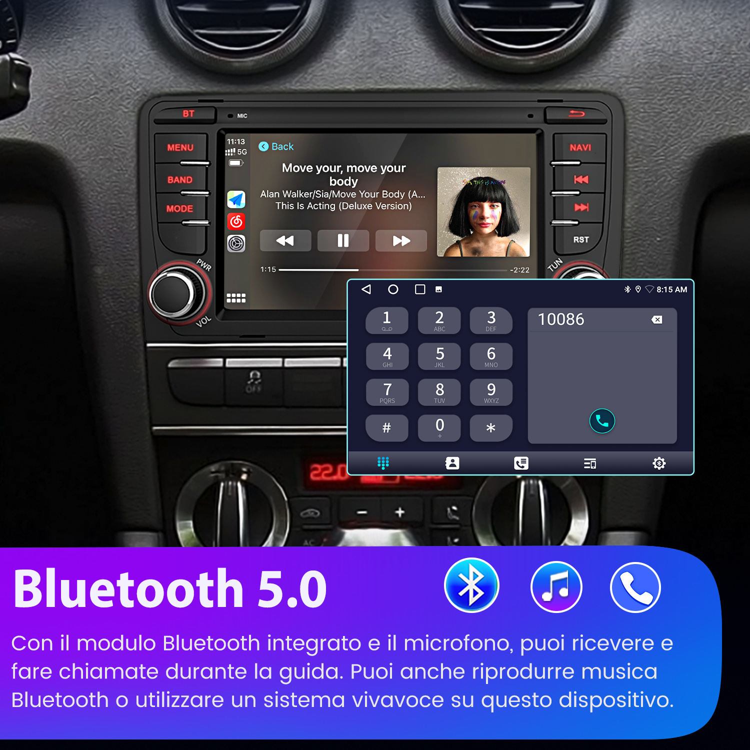 Display auto mostra riproduzione musicale e tastierino numerico con 10086.