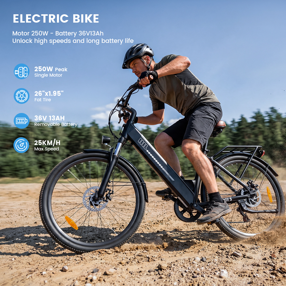 Mężczyzna jedzie czarnym rowerem elektrycznym po polnej drodze. Tekst podaje specyfikacje.