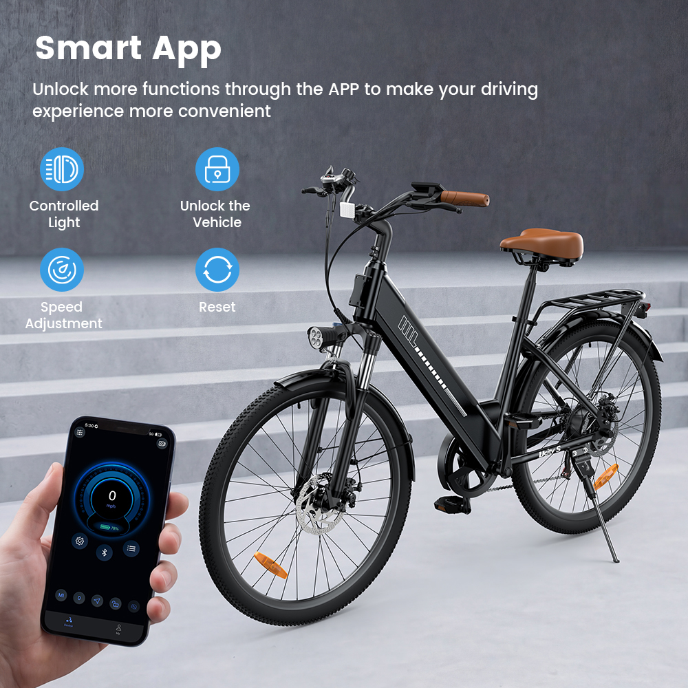 Czarny rower elektryczny z kontrolą przez aplikację na smartfona, wyświetlaczem prędkości i ikonami.