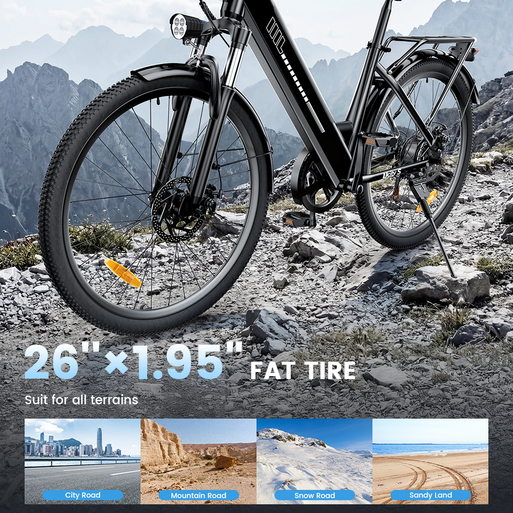 Czarny e-rower z grubymi oponami na skalistym podłożu, 4 tereny poniżej.