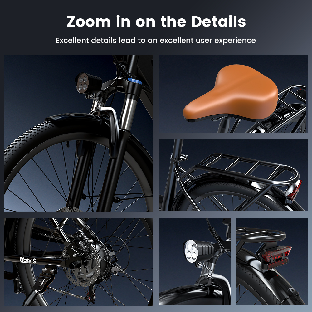 Szczegóły czarnego roweru: przedni widelec, brązowe siodełko, bagażnik, koło i światła.