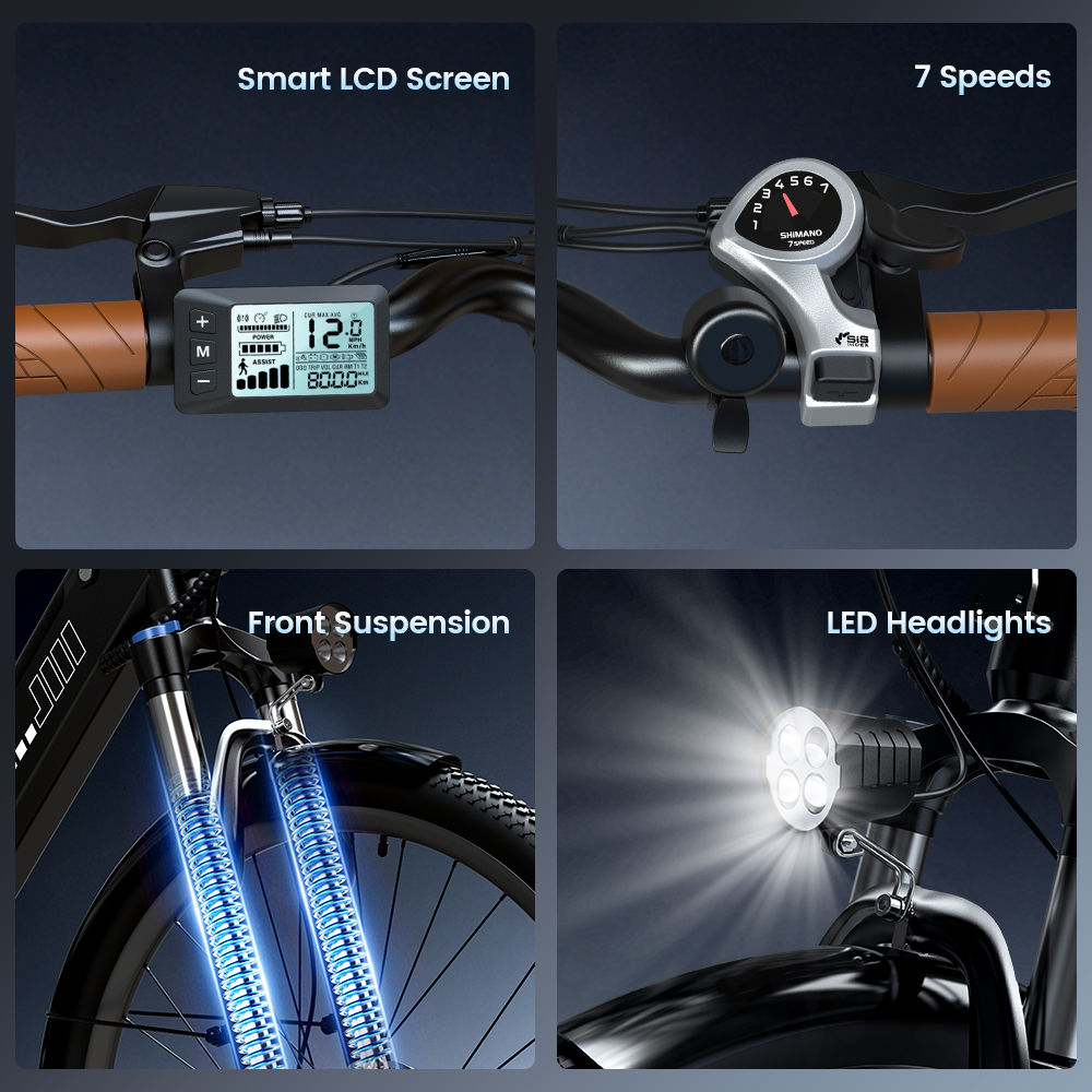 Szczegóły roweru elektrycznego: ekran LCD, manetka 7-biegowa, amortyzator przedni, światła LED.