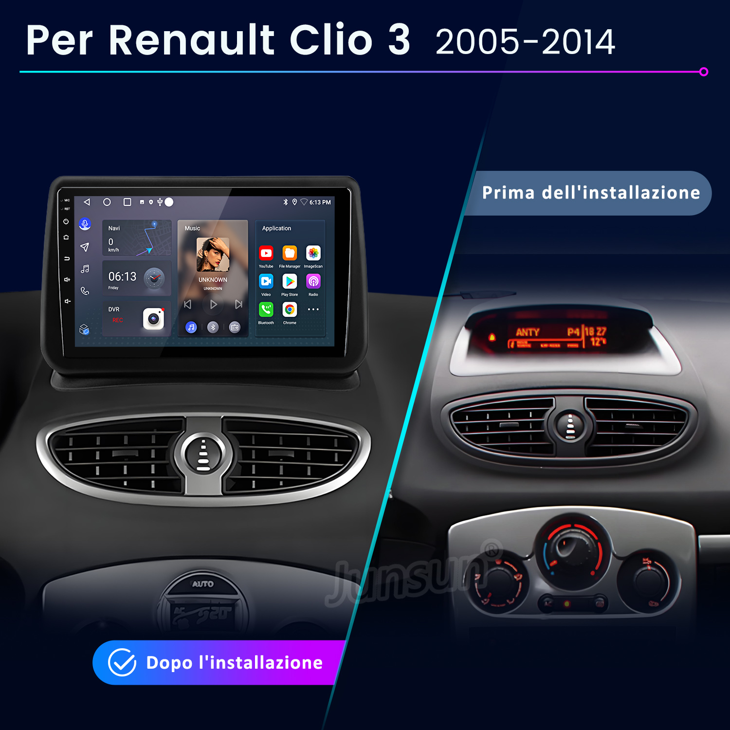 Confronto prima e dopo di una autoradio Renault Clio 3 con touchscreen.