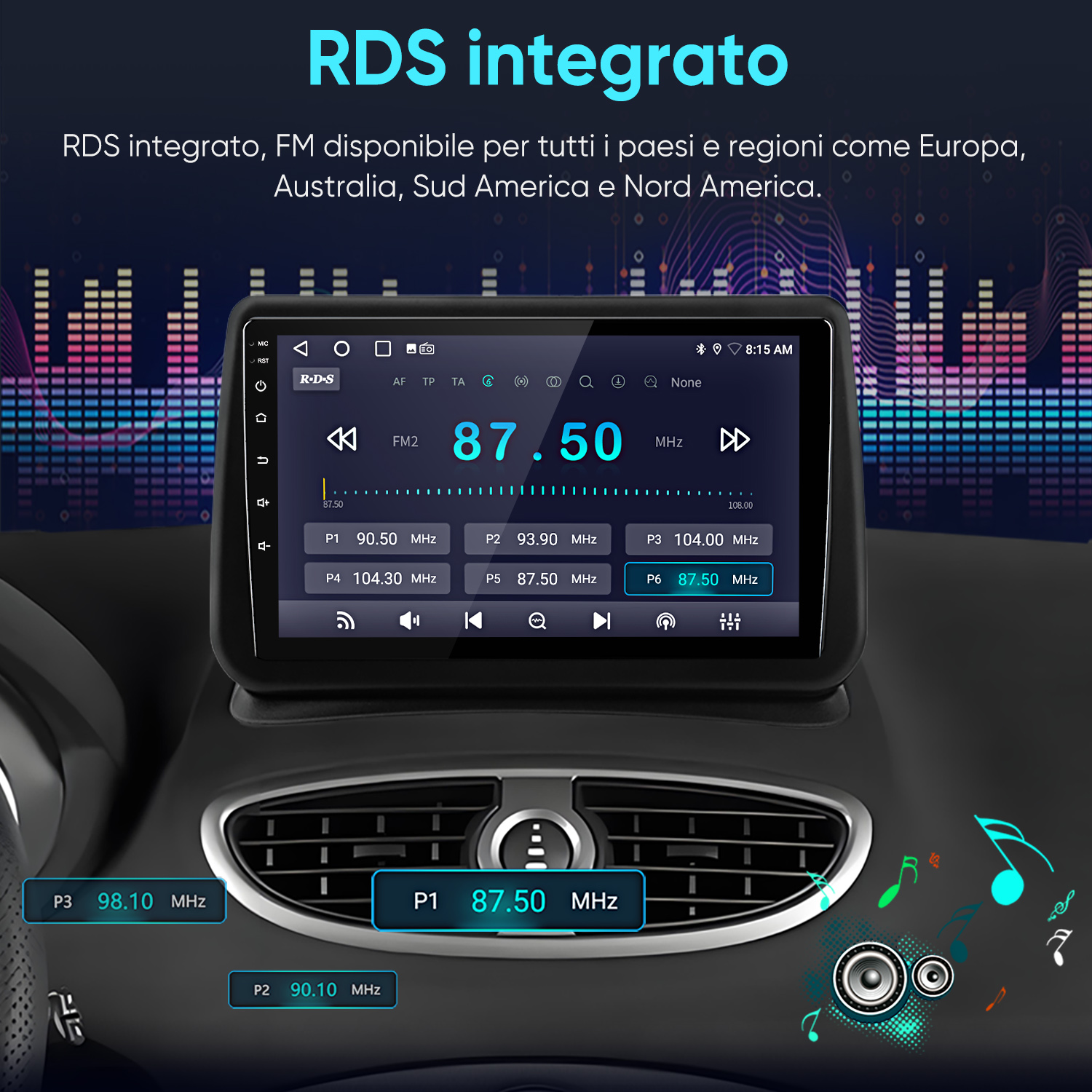Schermo autoradio mostra info RDS e grafiche equalizzatore.