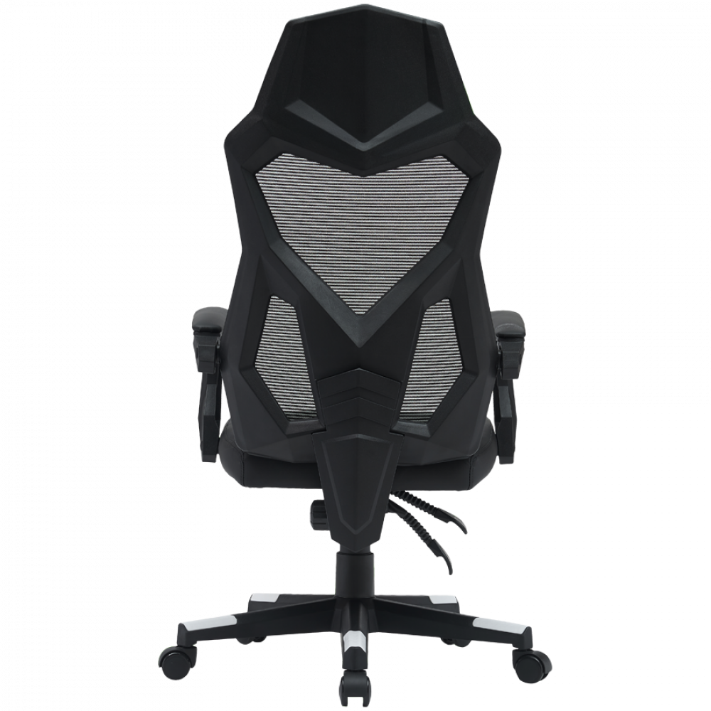 Widok z tyłu czarnego fotela gamingowego z siatkowym oparciem i podłokietnikami.