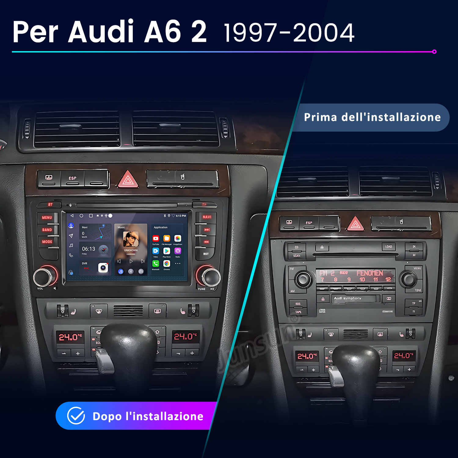 Interno auto Audi A6 1997-2004 mostra installazione schermo prima e dopo.