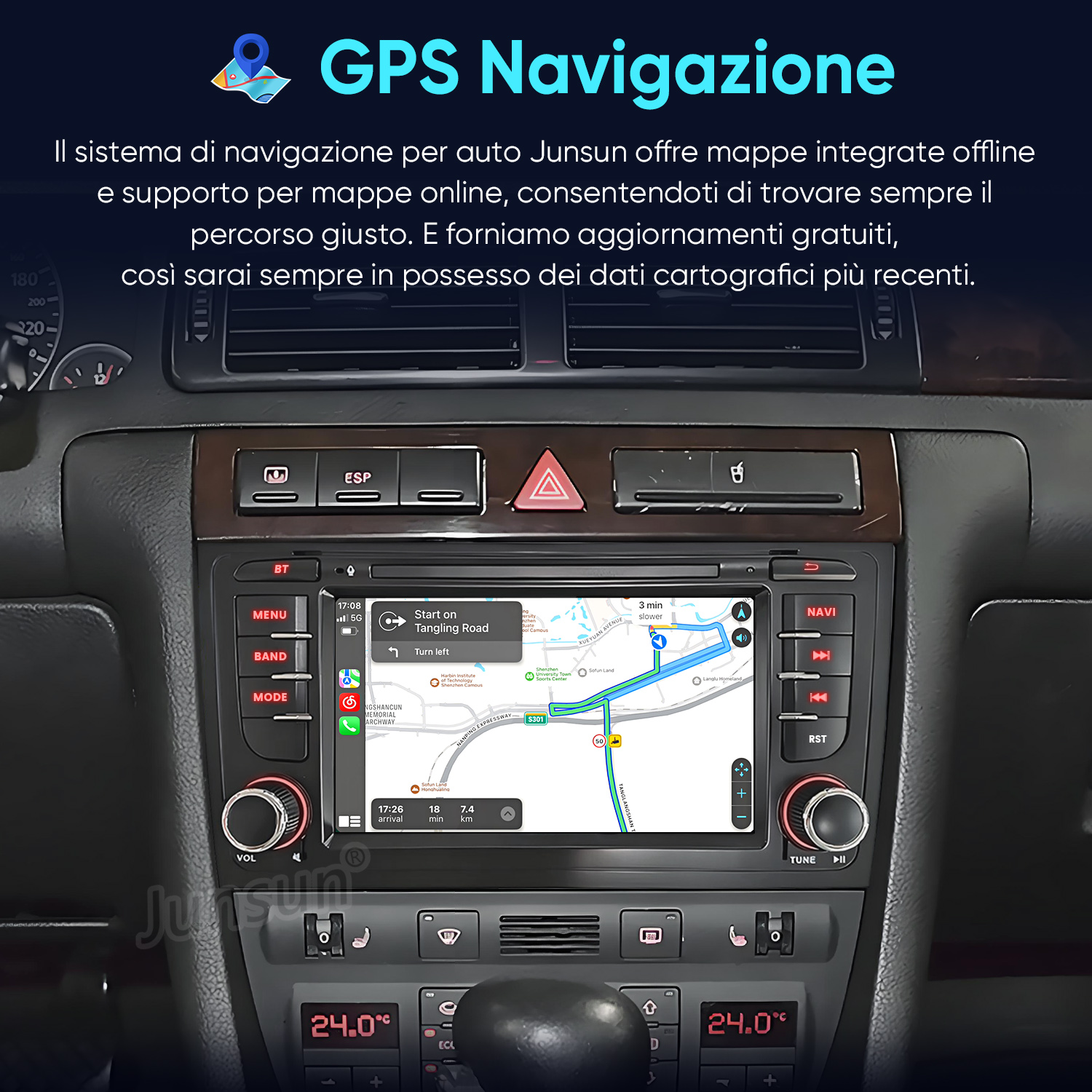 Sistema di navigazione auto mostra una mappa GPS con guida stradale.