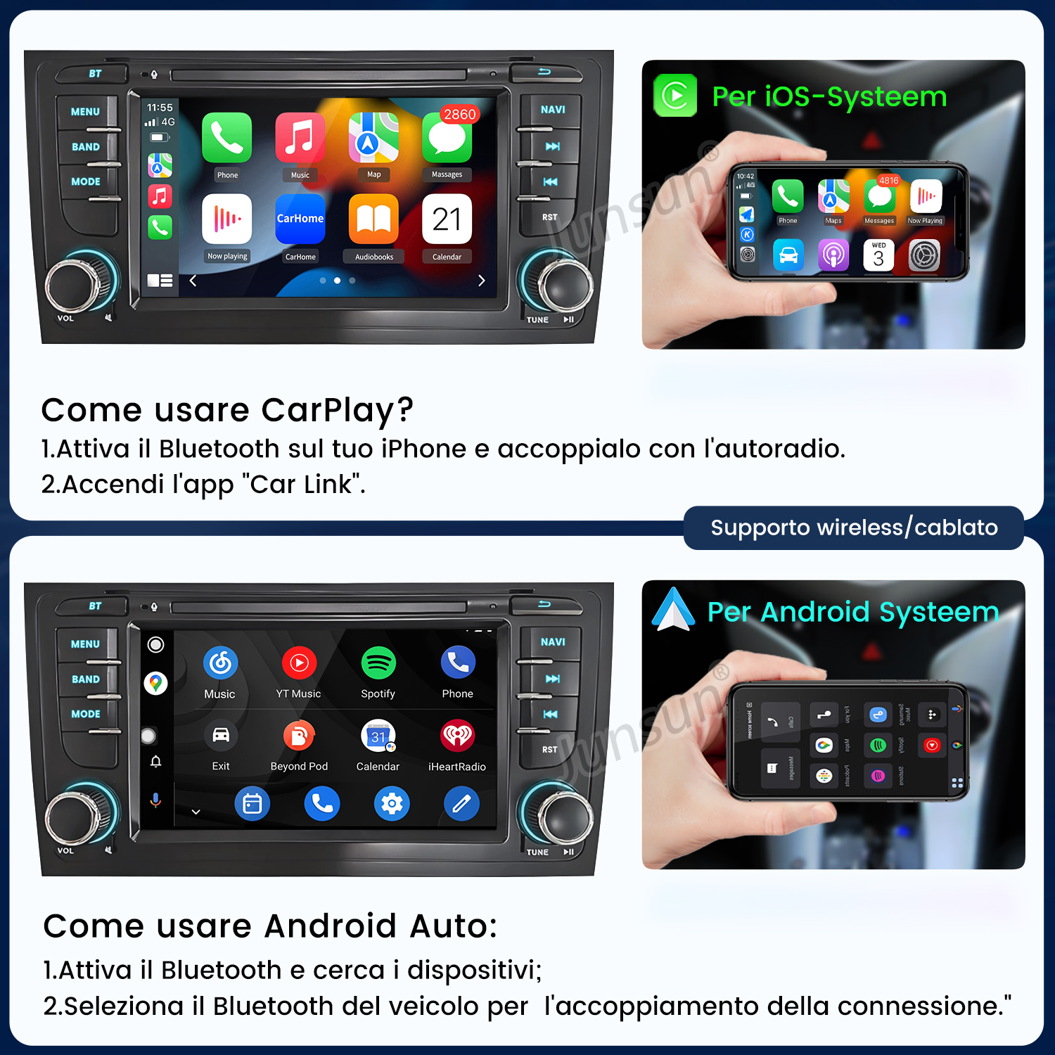 Autoradio con CarPlay e Android Auto, con iPhone e telefoni Android.