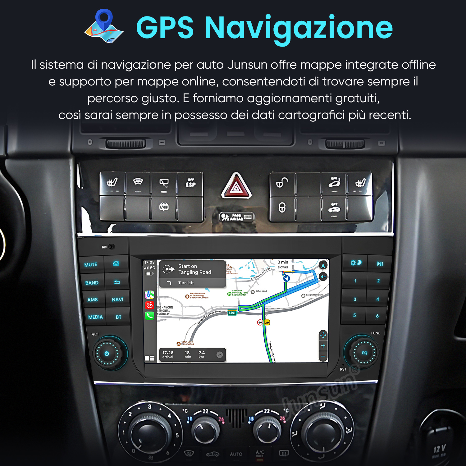 Cruscotto auto che mostra un sistema di navigazione GPS con mappa.