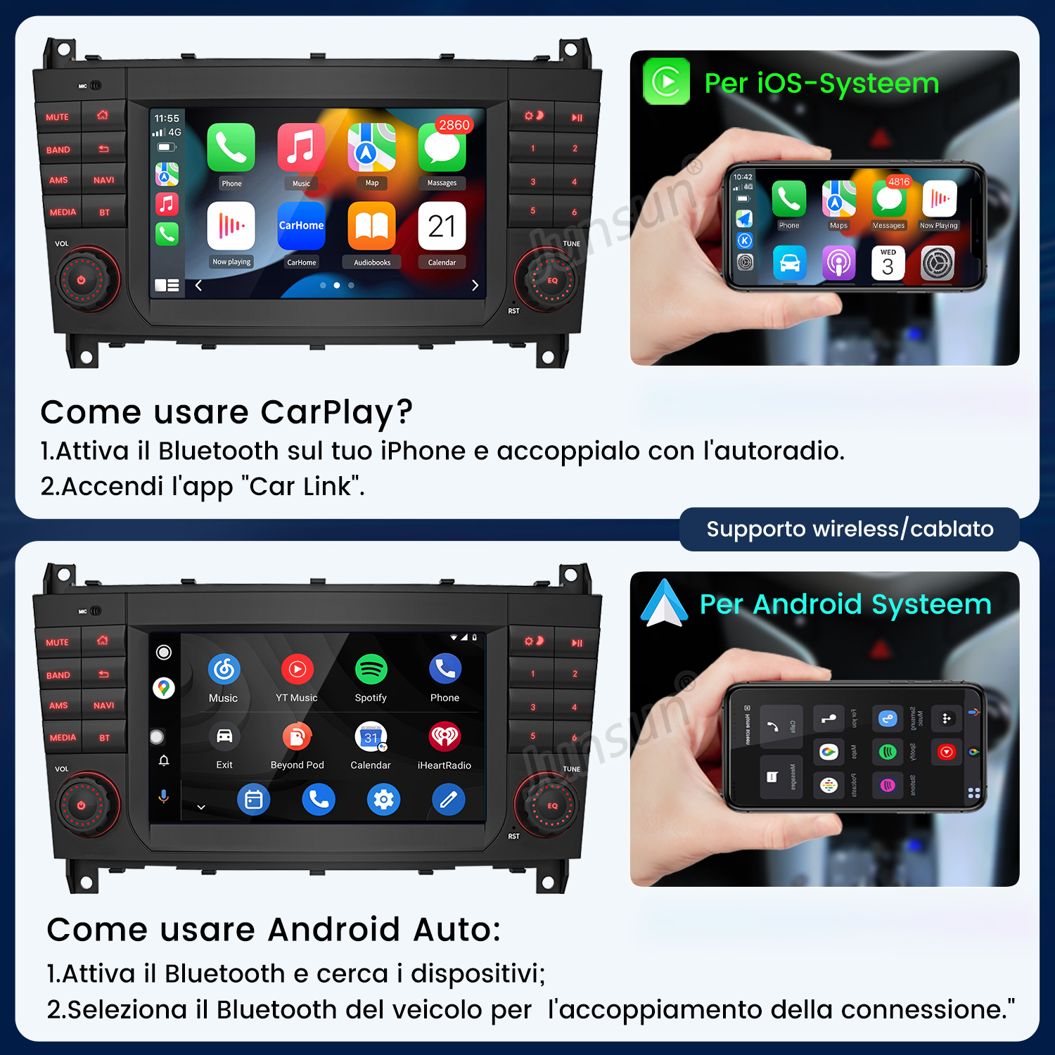 Sistema infotainment auto che mostra interfaccia CarPlay con app e istruzioni.