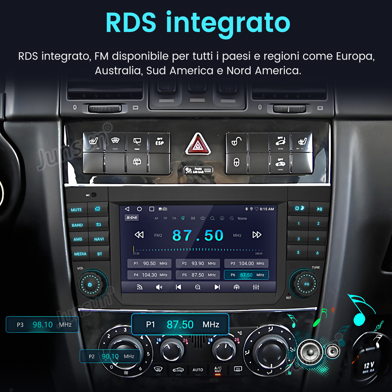 Un autoradio con touchscreen mostra stazioni FM. Pulsanti e controlli sono visibili.