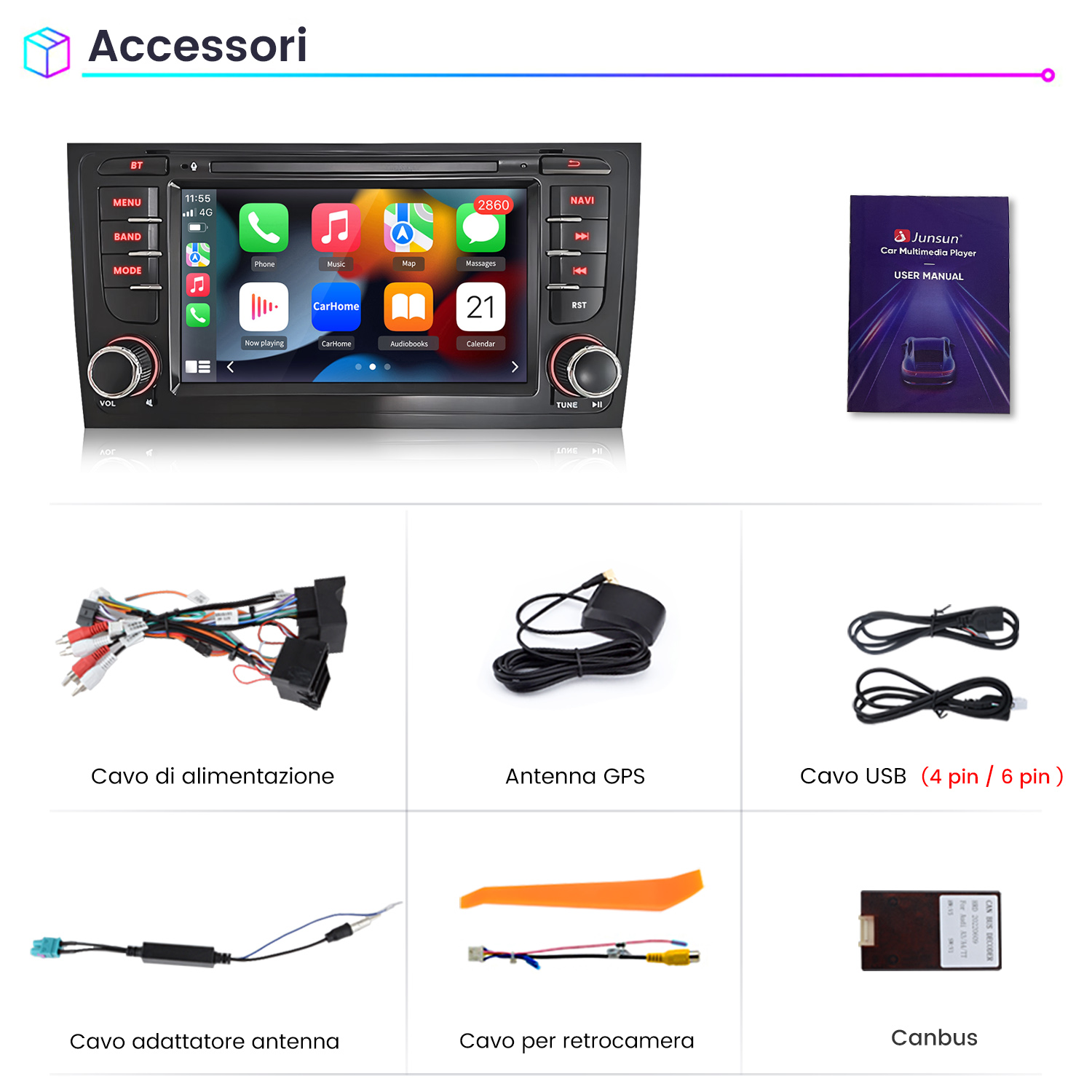 Lettore multimediale per auto con touchscreen, pulsanti e accessori come cavi e manuale.