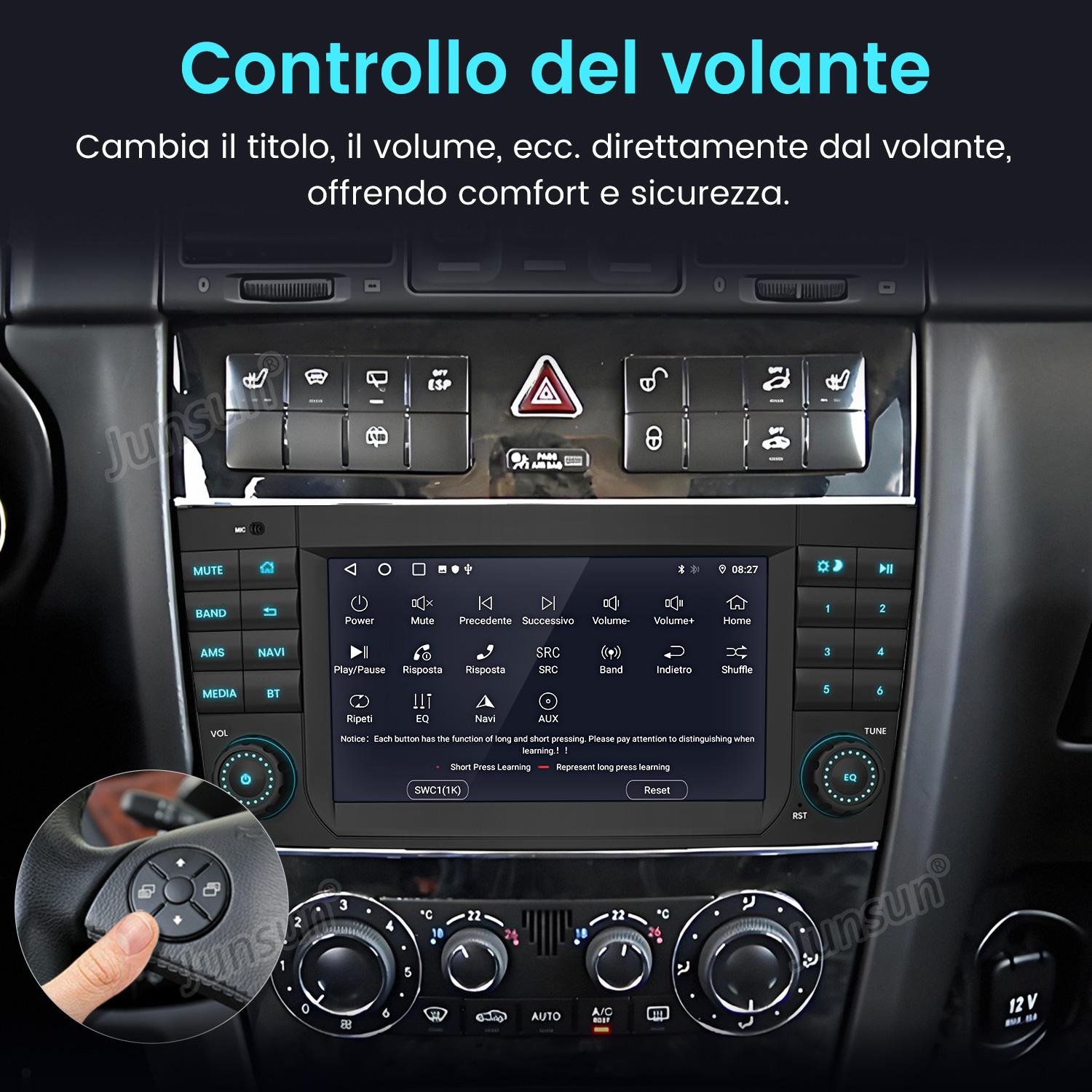 Un sistema di infotainment per auto con touchscreen e comandi al volante.