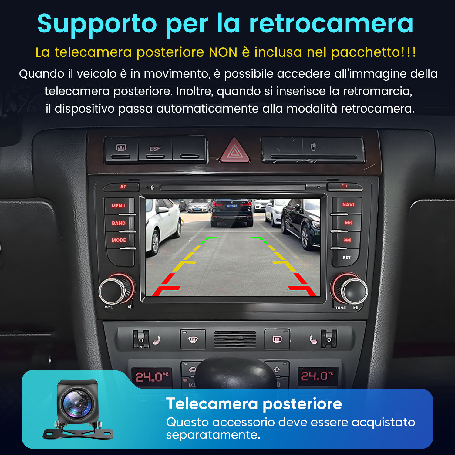 Interno auto con display telecamera posteriore e dettaglio.