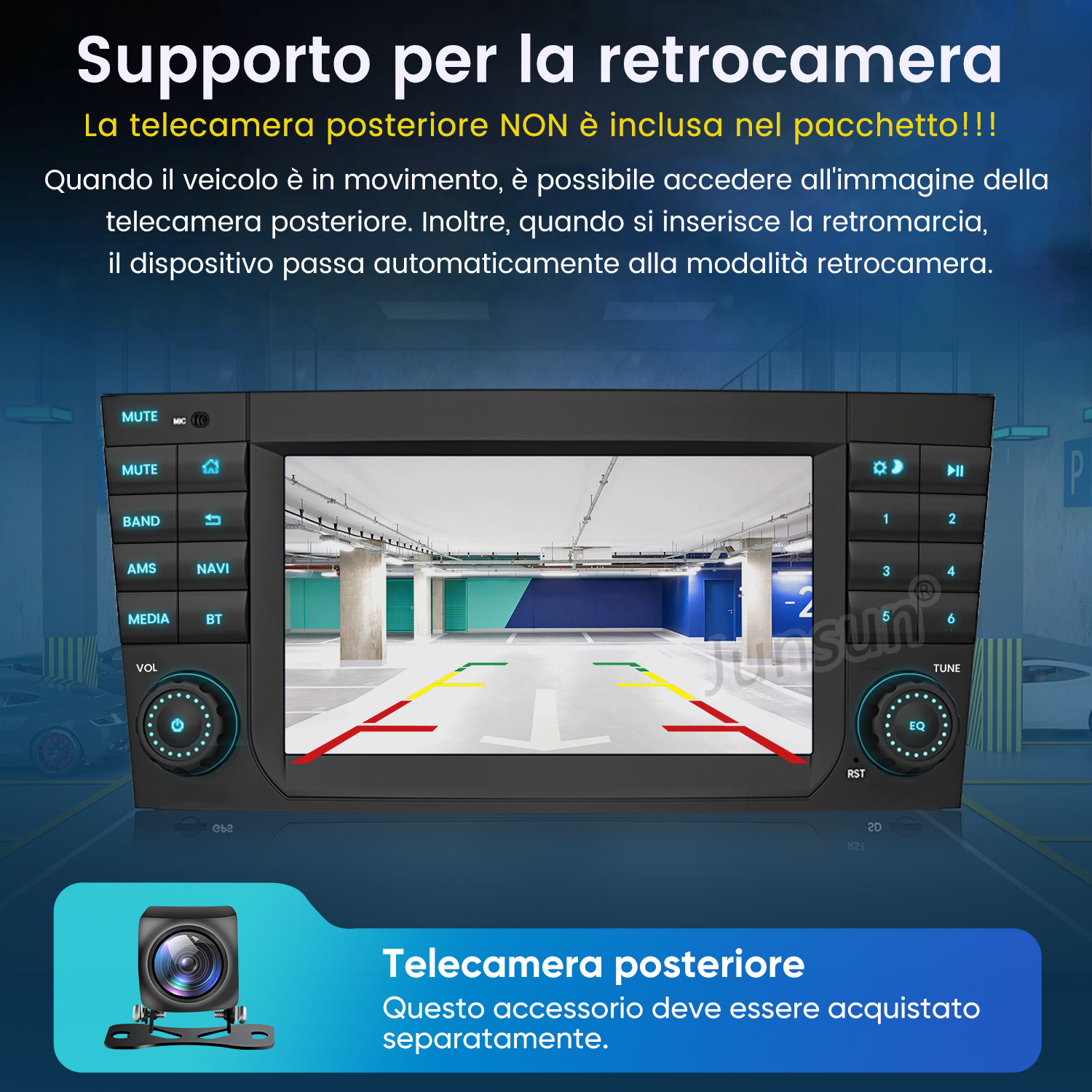 Autoradio mostra la vista di un garage da telecamera posteriore.