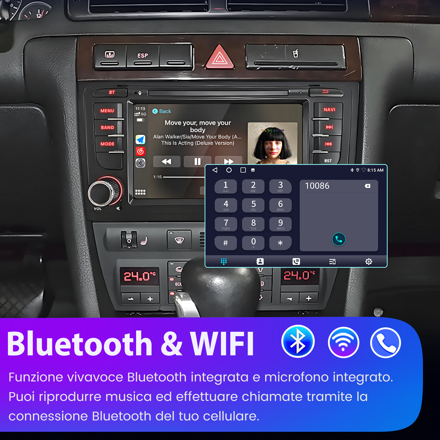 Sistema di infotainment auto con musica e tastiera.