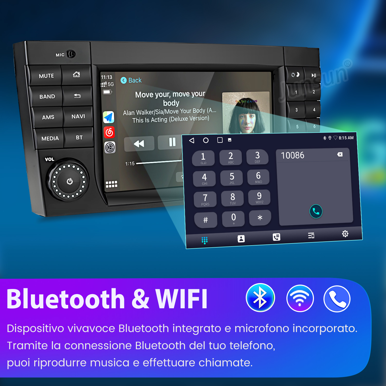 Display autoradio mostra riproduzione musicale e tastierino con icona Bluetooth.