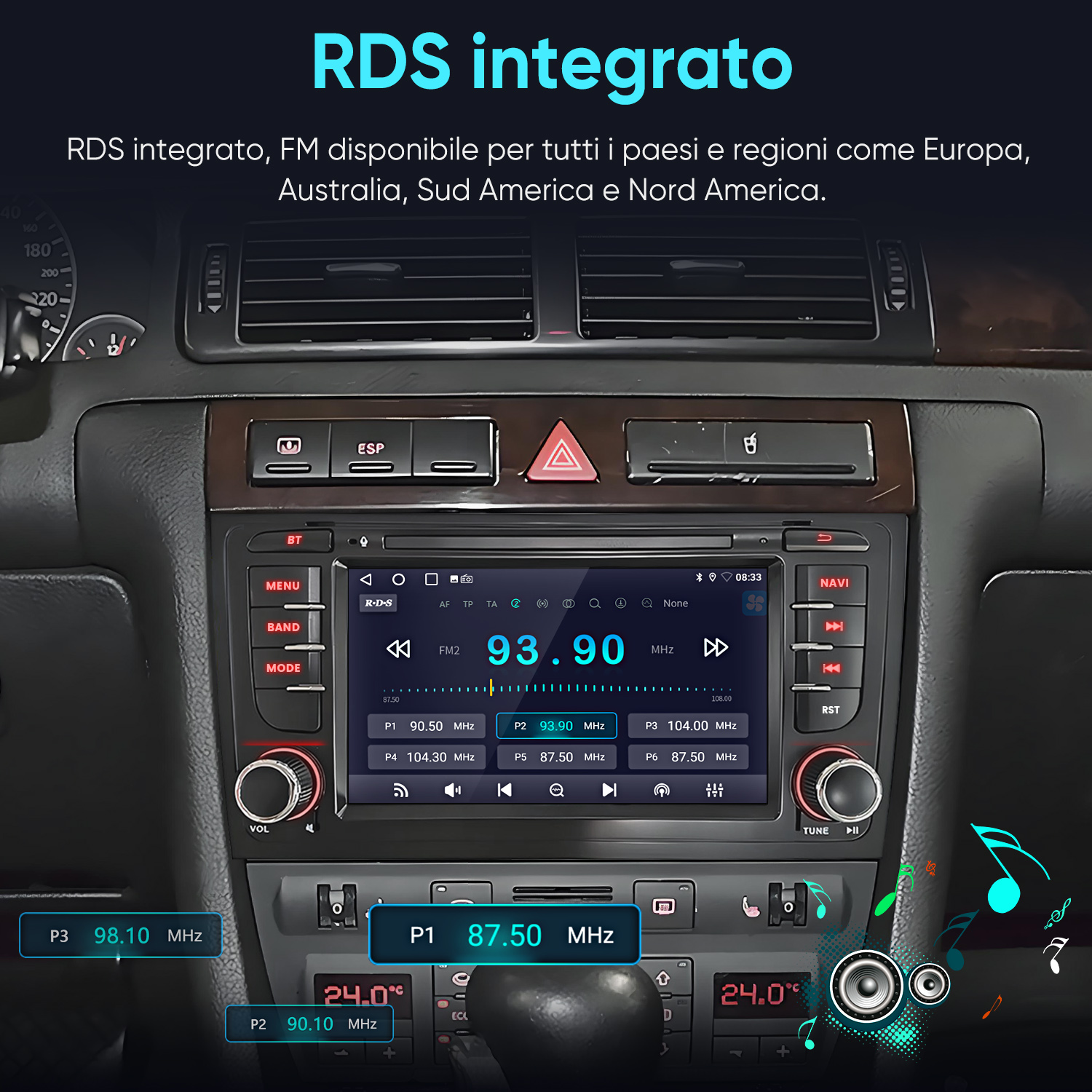 Autoradio con display RDS mostra 93.90 MHz e stazioni preimpostate.