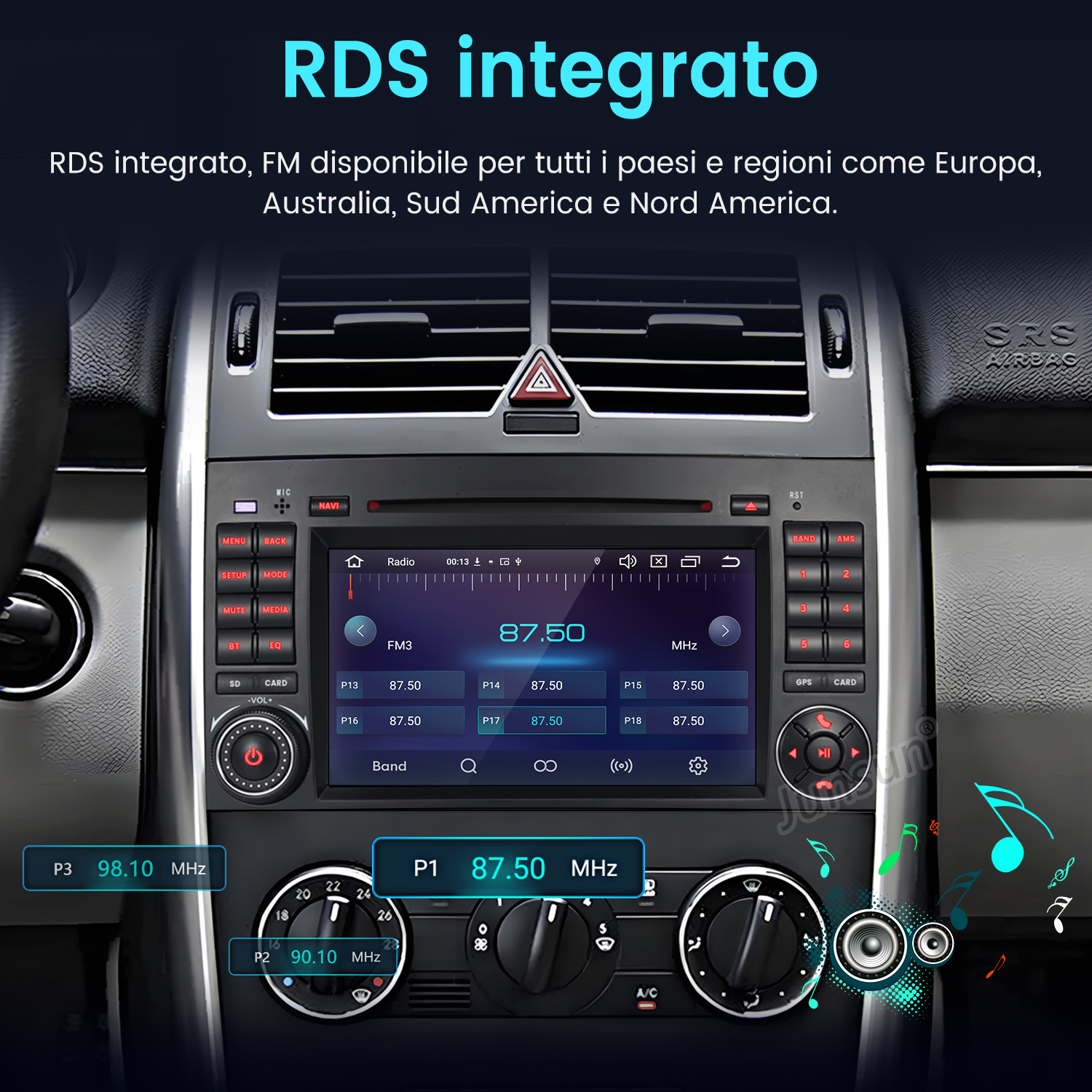 Cruscotto auto con display radio che mostra frequenze FM.