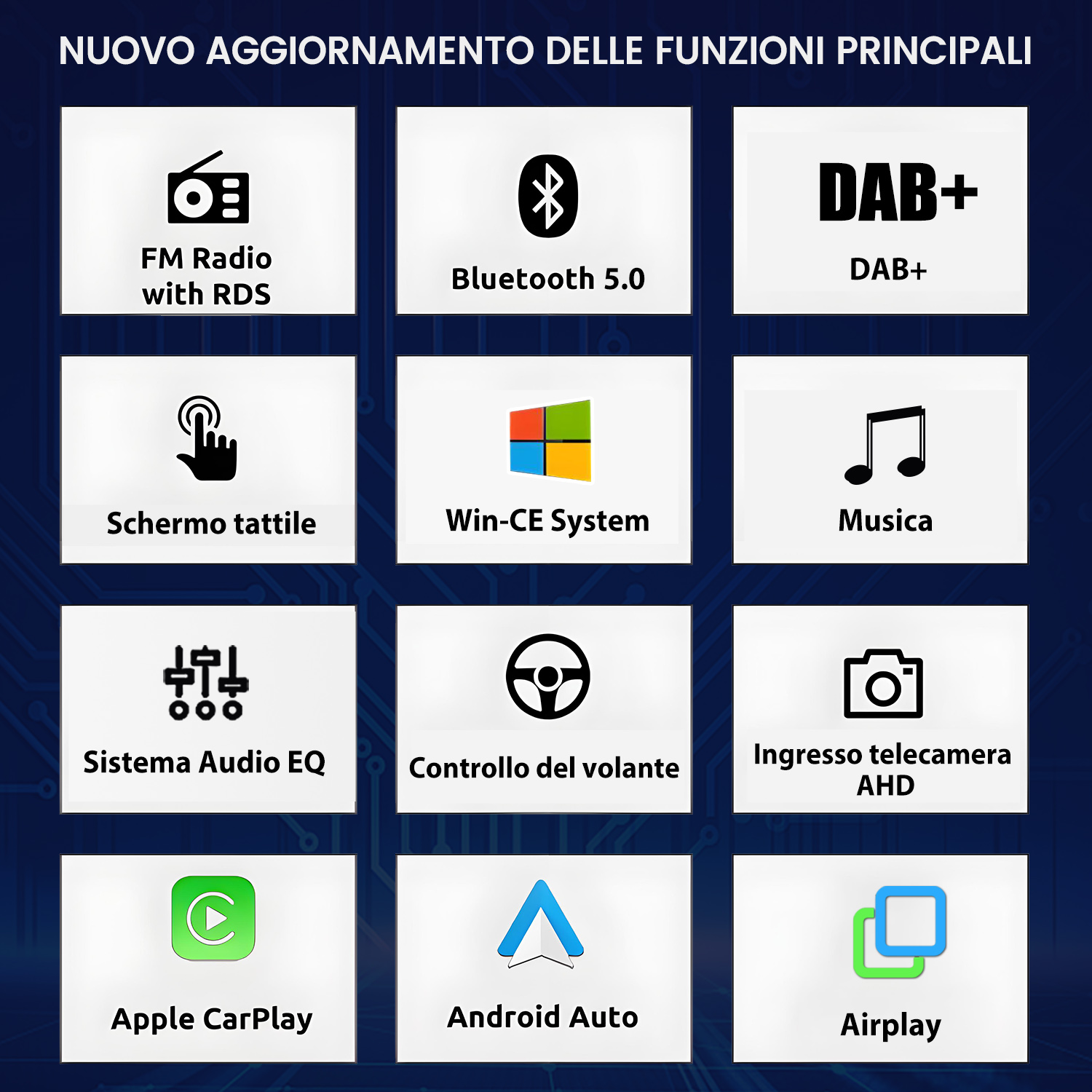 Funzioni principali: Radio FM, Bluetooth, DAB+, Touchscreen, Win-CE, Musica, EQ, Volante, Telecamera.