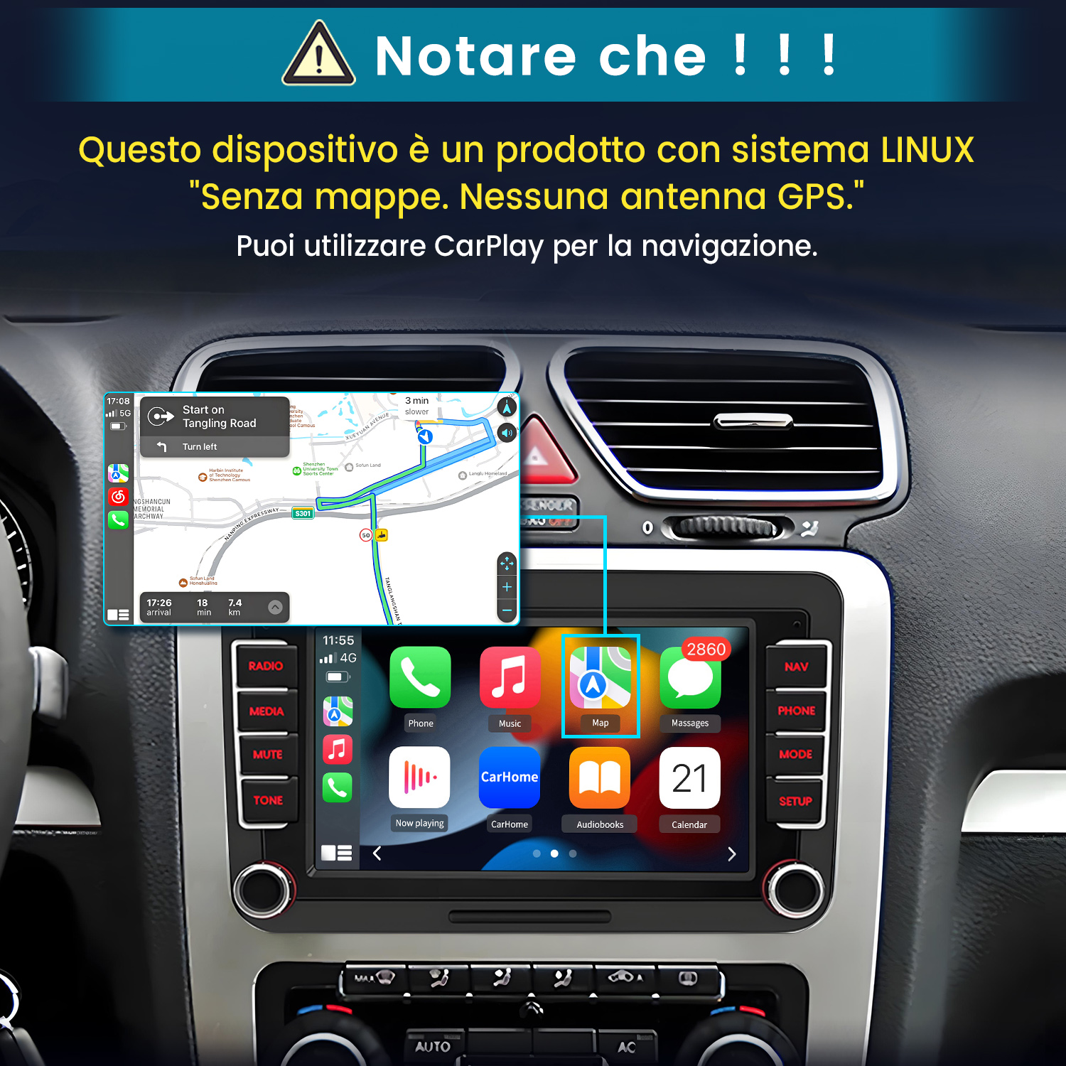 Un sistema di infotainment per auto con navigazione e menu delle app visualizzati.