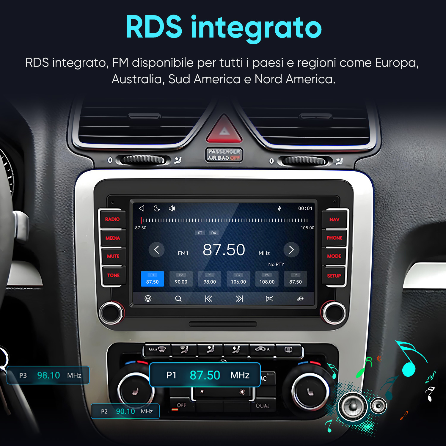 Moderno display autoradio con stazioni e controlli. Funzione RDS.