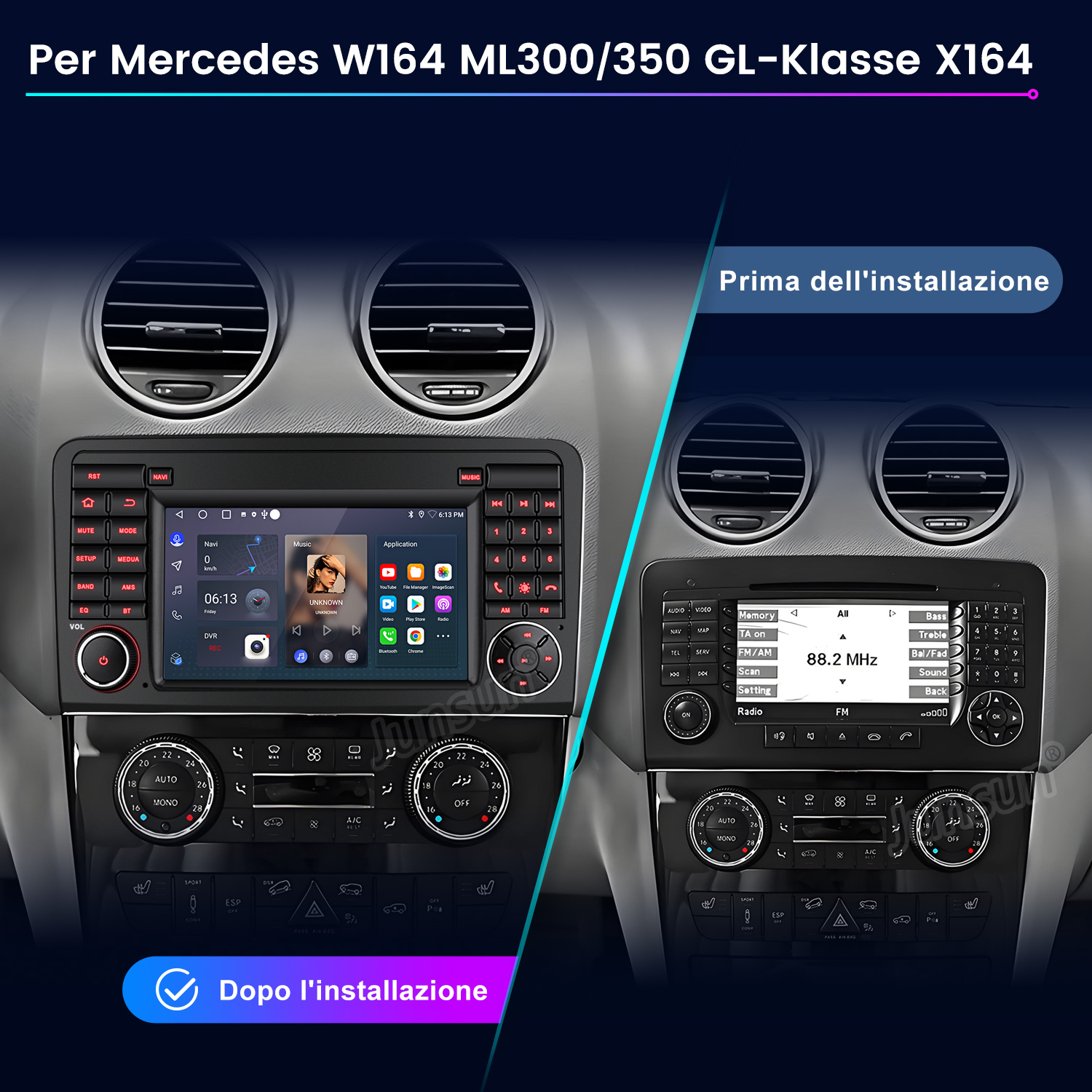 Confronto prima e dopo di una autoradio Mercedes W164.