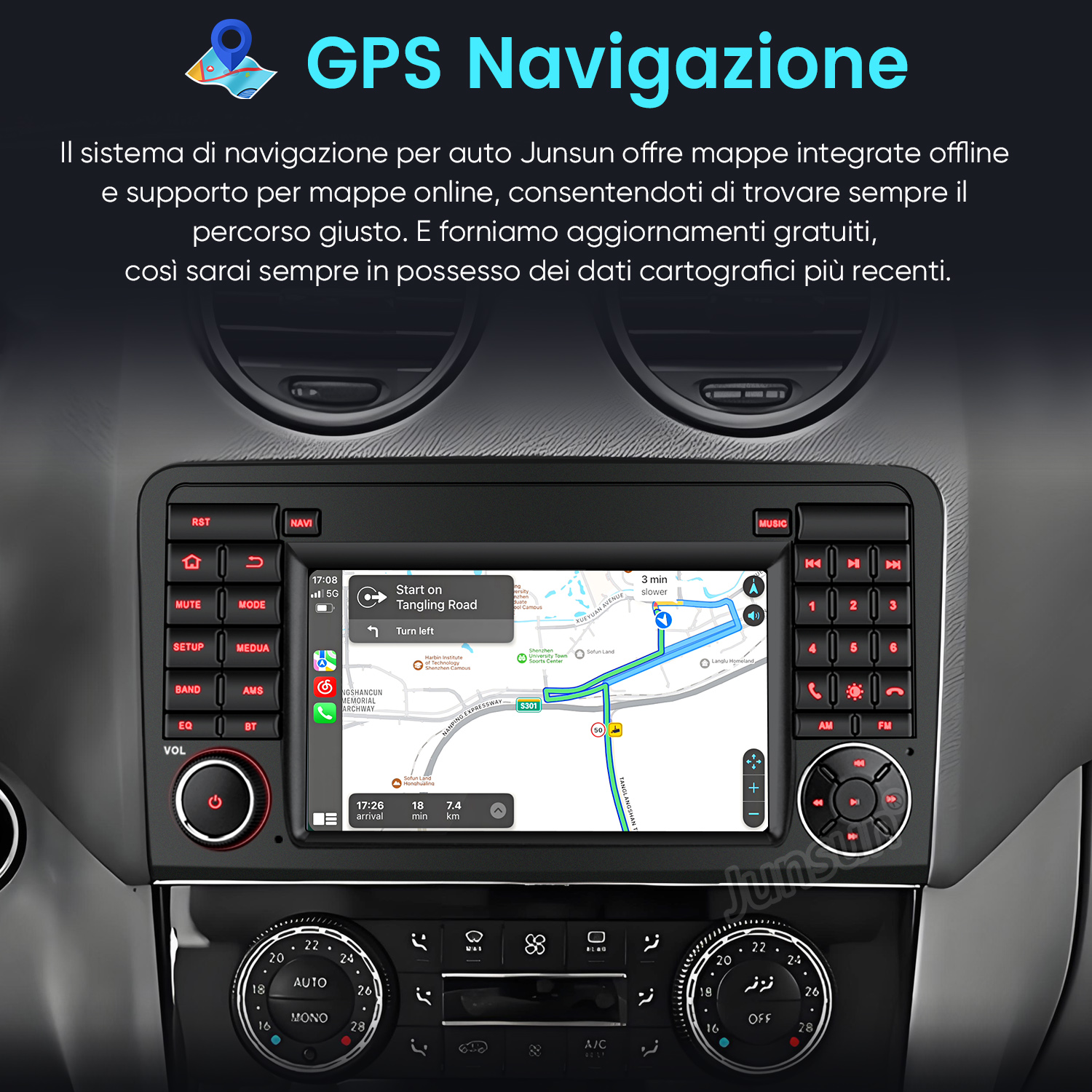 Cruscotto auto con schermo di navigazione GPS che mostra un percorso.