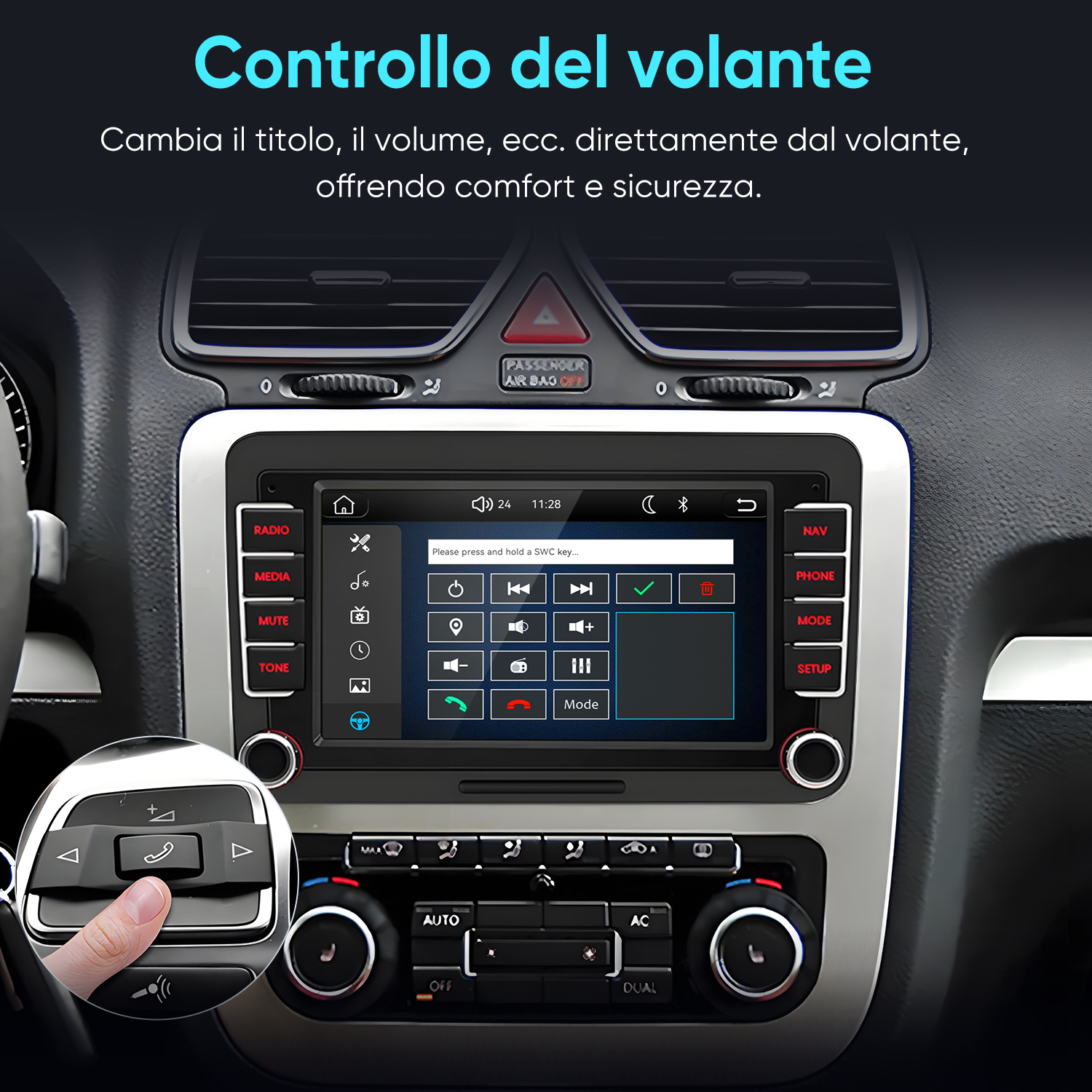 Un dito preme un pulsante del volante dell'auto sullo schermo dell'infotainment.