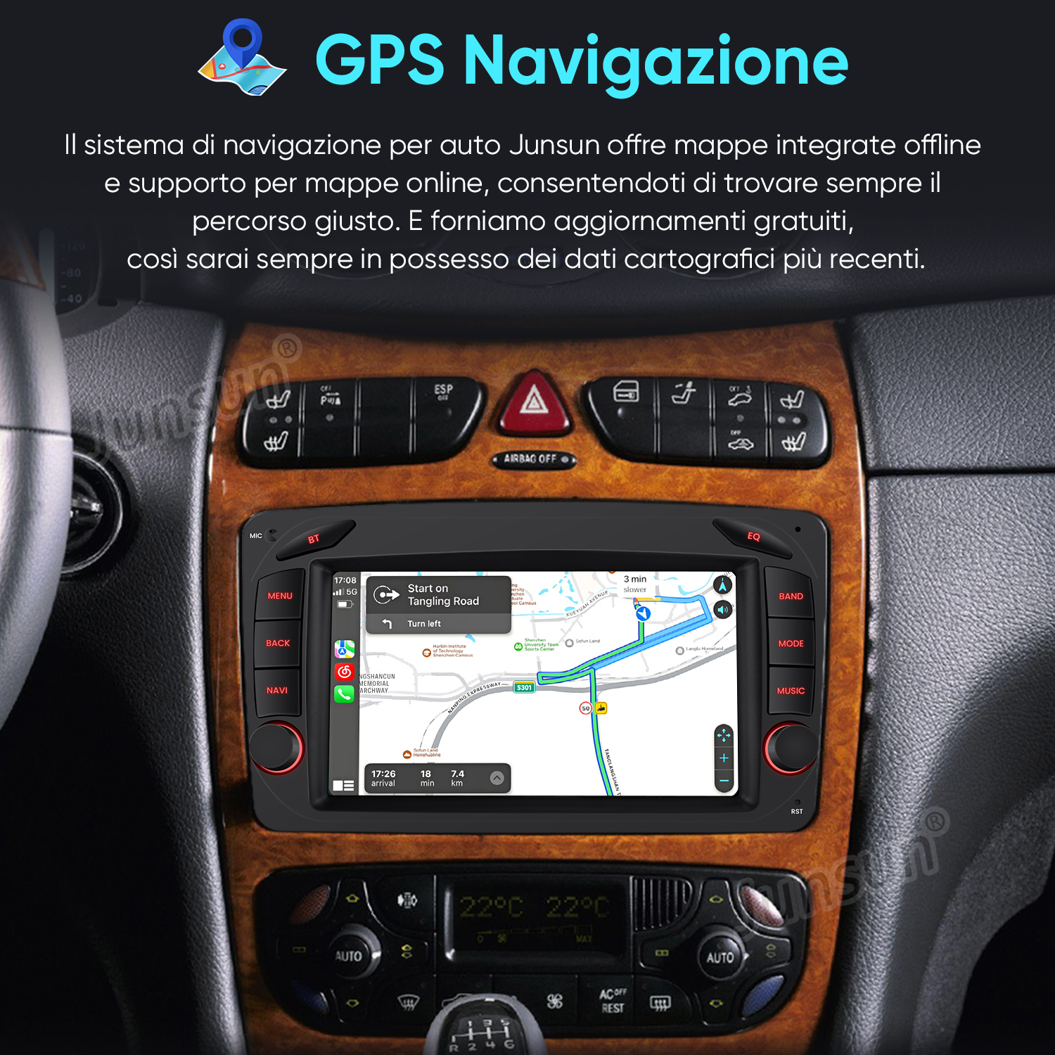 Cruscotto auto con schermo di navigazione GPS che mostra un percorso.