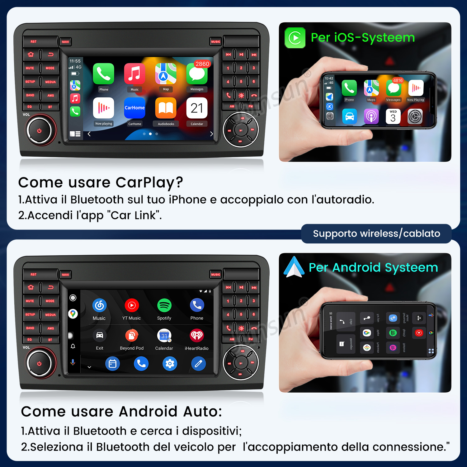Un sistema di infotainment per auto mostra le interfacce CarPlay e Android Auto.