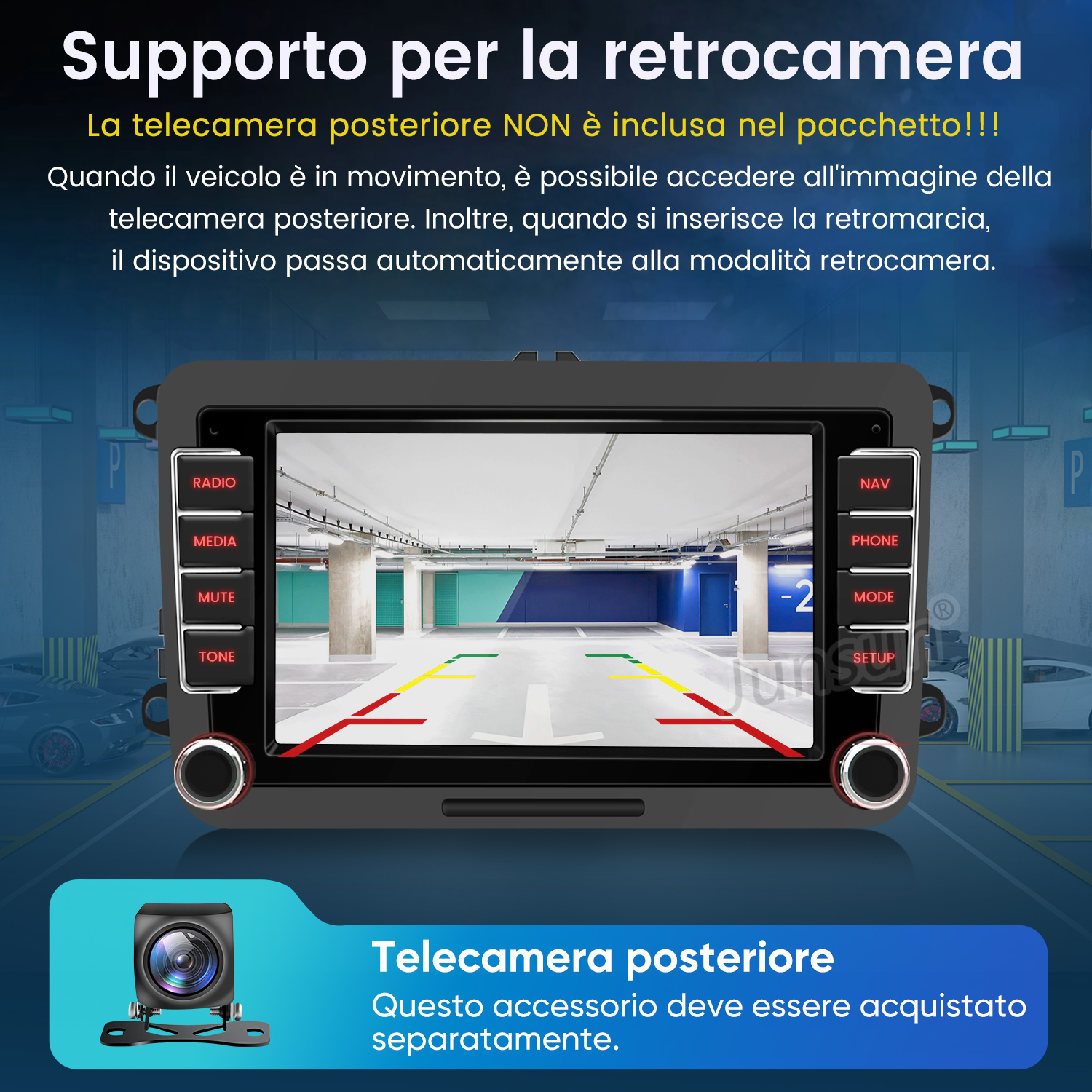Autoradio con guida parcheggio telecamera posteriore. Pulsanti: Radio, Media, Nav.