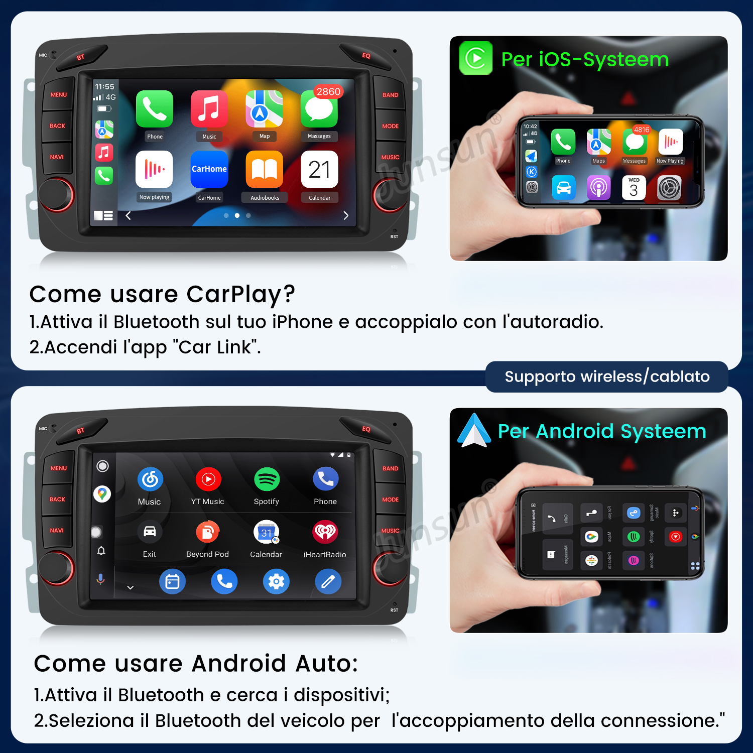 Sistema di infotainment con CarPlay e Android Auto. Mostra interfacce e istruzioni.