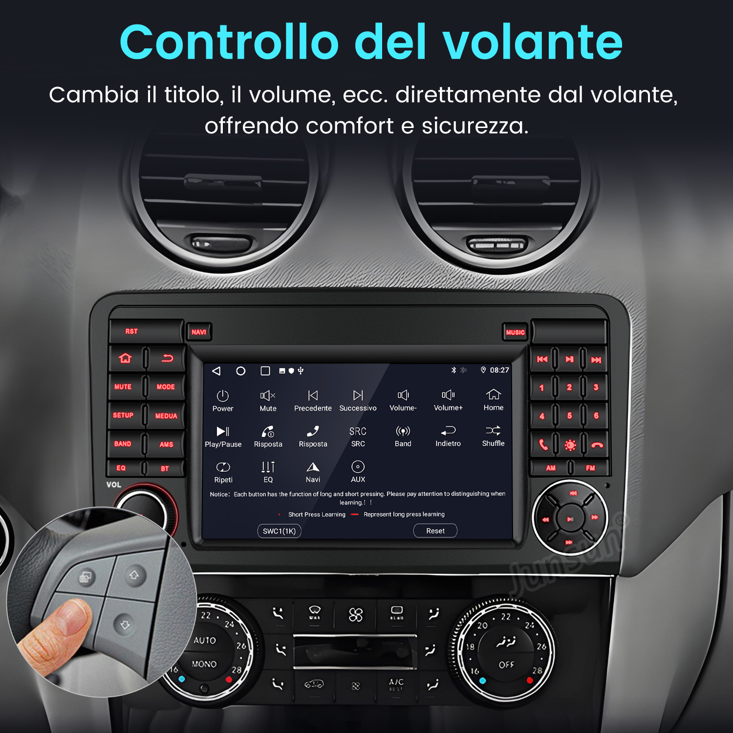 Cruscotto auto con radio touchscreen e controlli clima. Pulsanti volante mostrati.