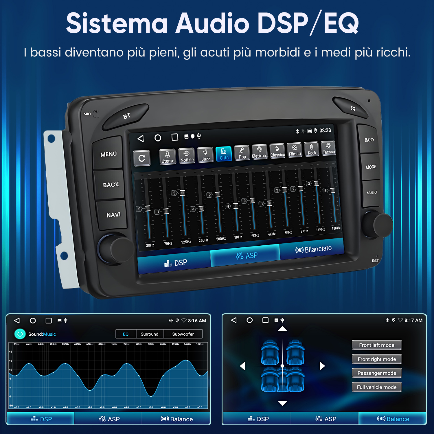 Cruscotto con touchscreen che mostra impostazioni audio e modalità veicolo.