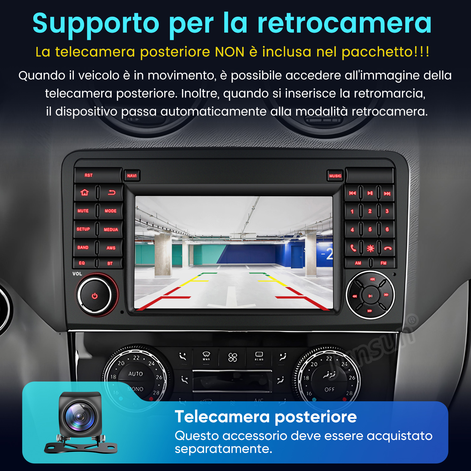 L'immagine mostra il cruscotto di un'auto con uno schermo di infotainment che mostra la vista della telecamera posteriore.