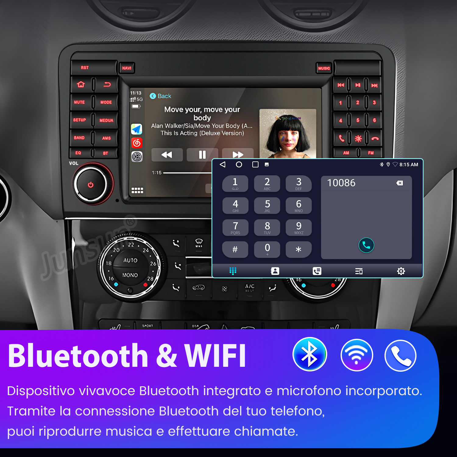 Sistema di infotainment per auto con lettore musicale, tastierino numerico e icone Bluetooth/WIFI.