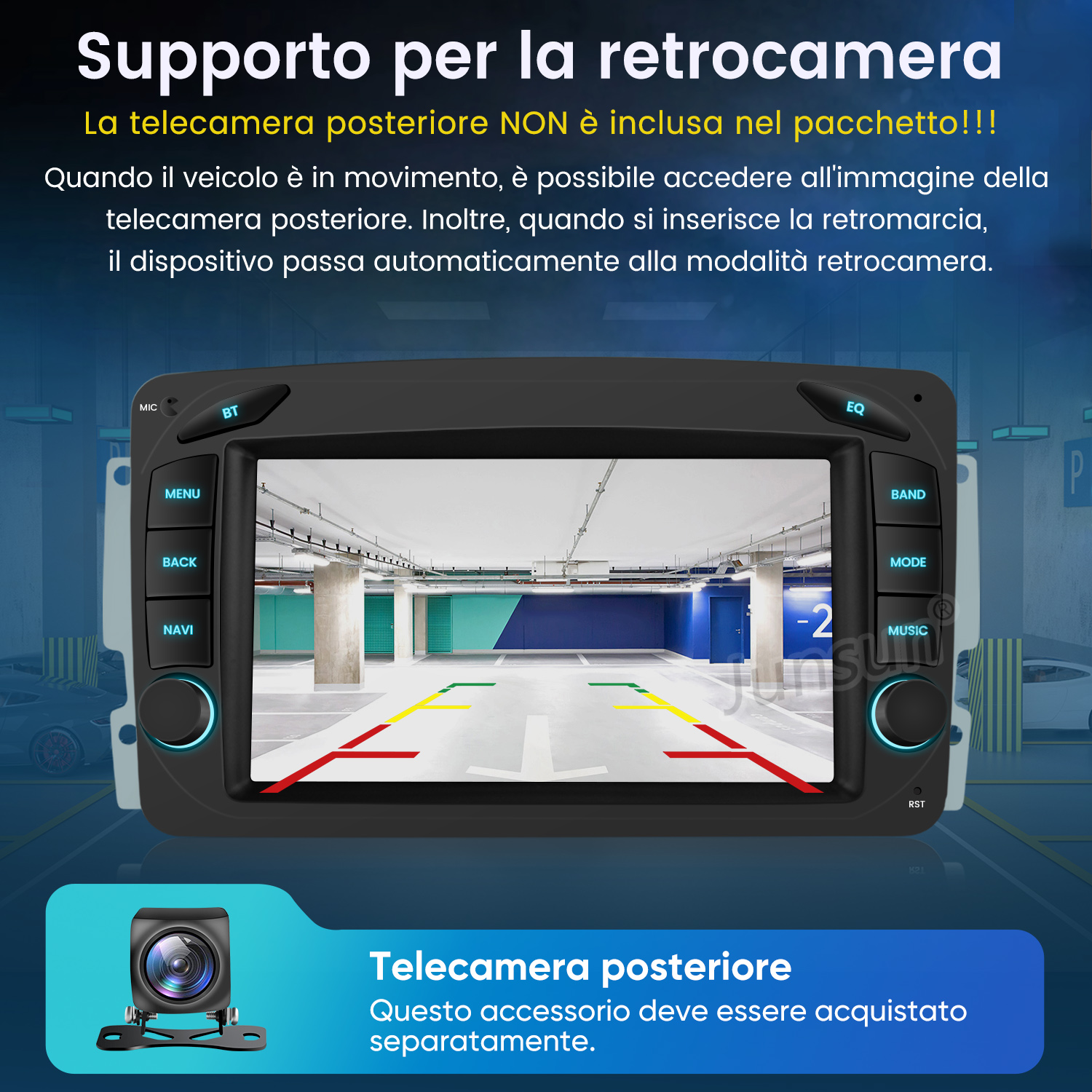 Schermo auto con vista parcheggio. Sotto, una piccola telecamera.