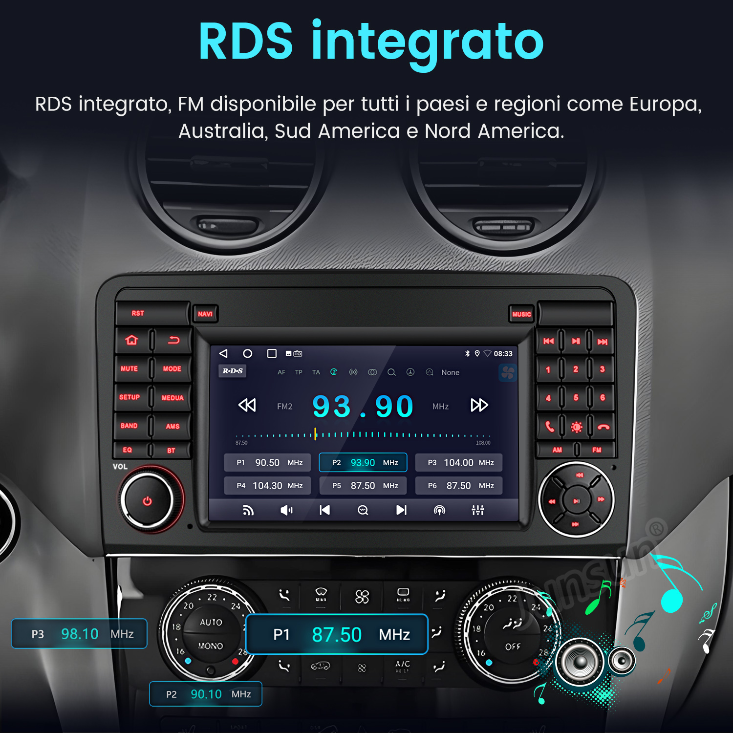 Un sistema di infotainment per auto che mostra il display radio, pulsanti e manopole.