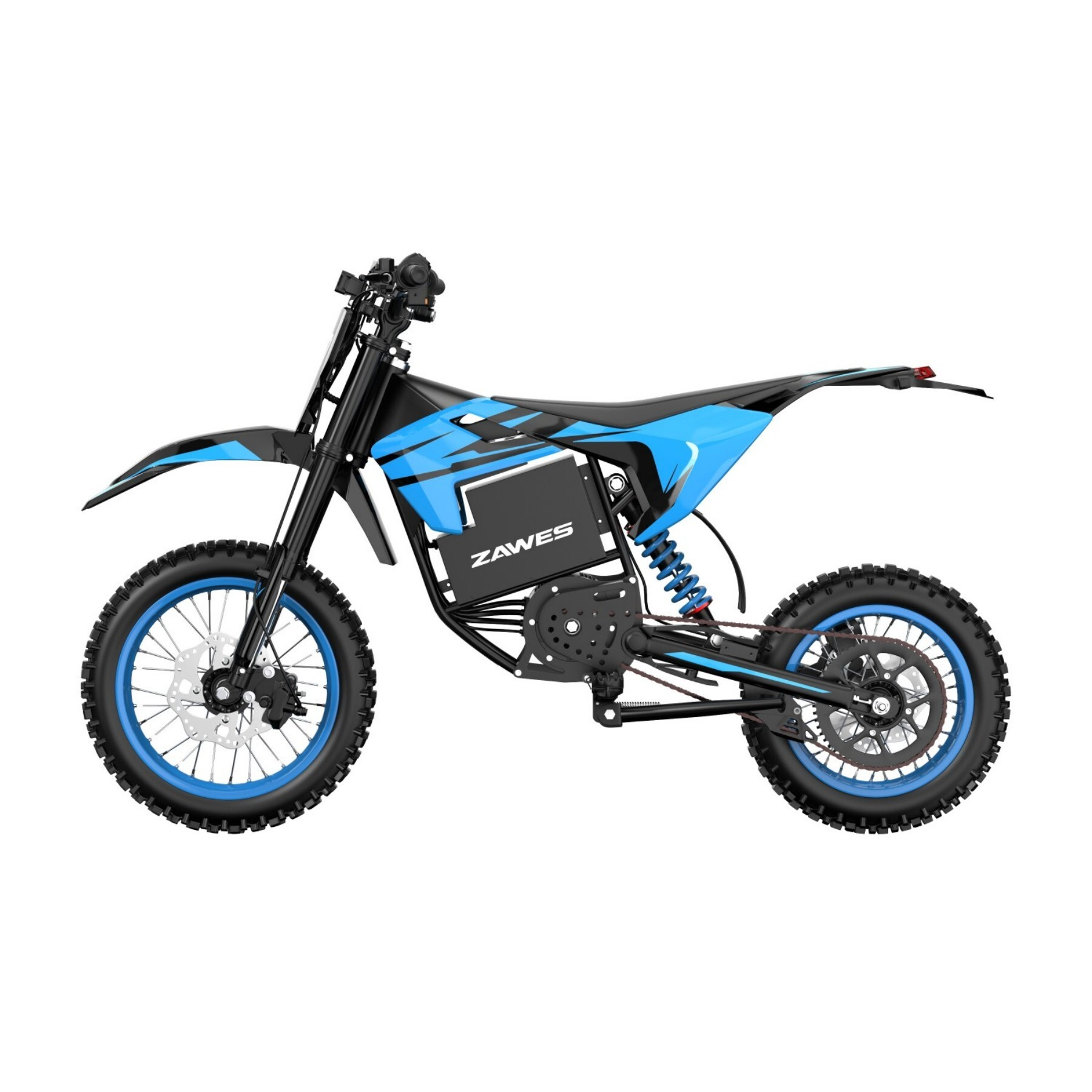 Niebiesko-czarny elektryczny dirt bike z oponami terenowymi i niebieskimi felgami.
