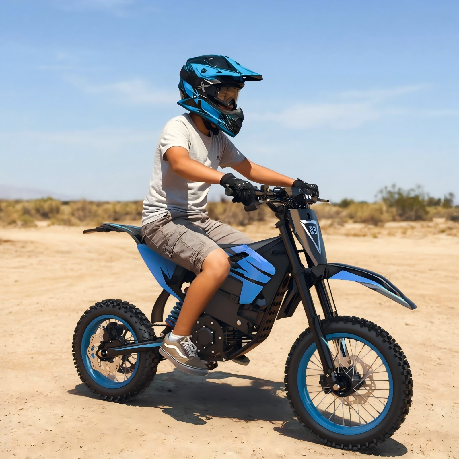Chłopiec w kasku i T-shircie jedzie niebiesko-czarnym motocyklem terenowym na zewnątrz.